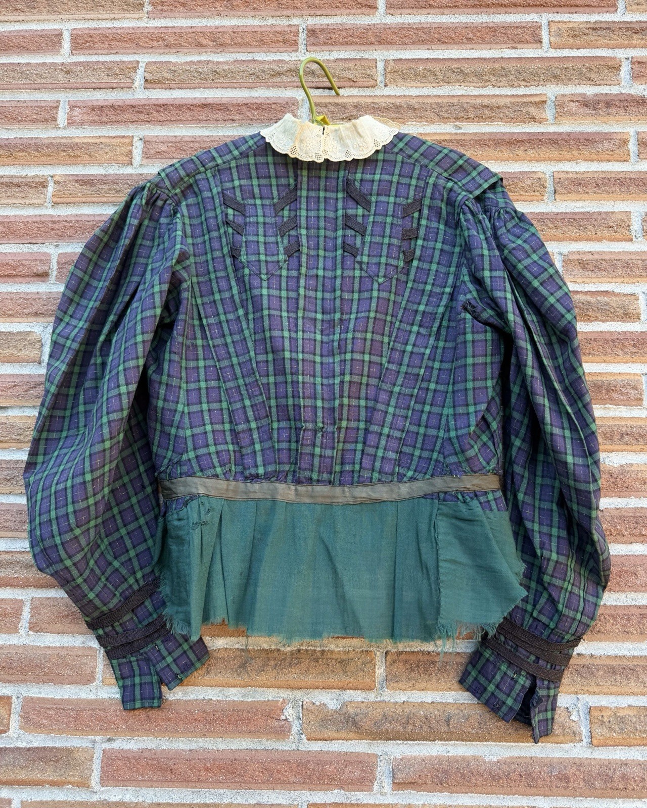 Antique 1890s Victorian Green + Blue Plaid Wool Bodice – Small – AS IS