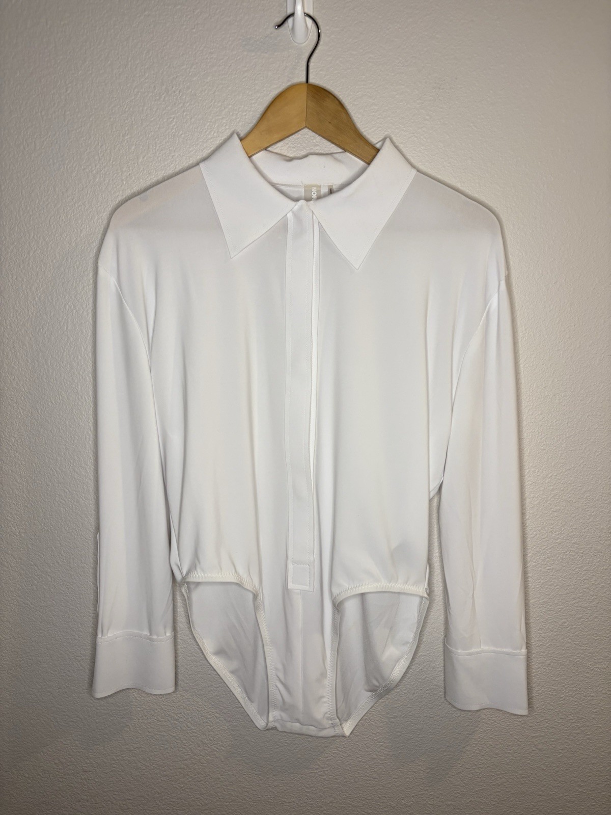 Vintage Norma Kamali White Business Shirt Soft Bodysuit Small Hook Loop 90s