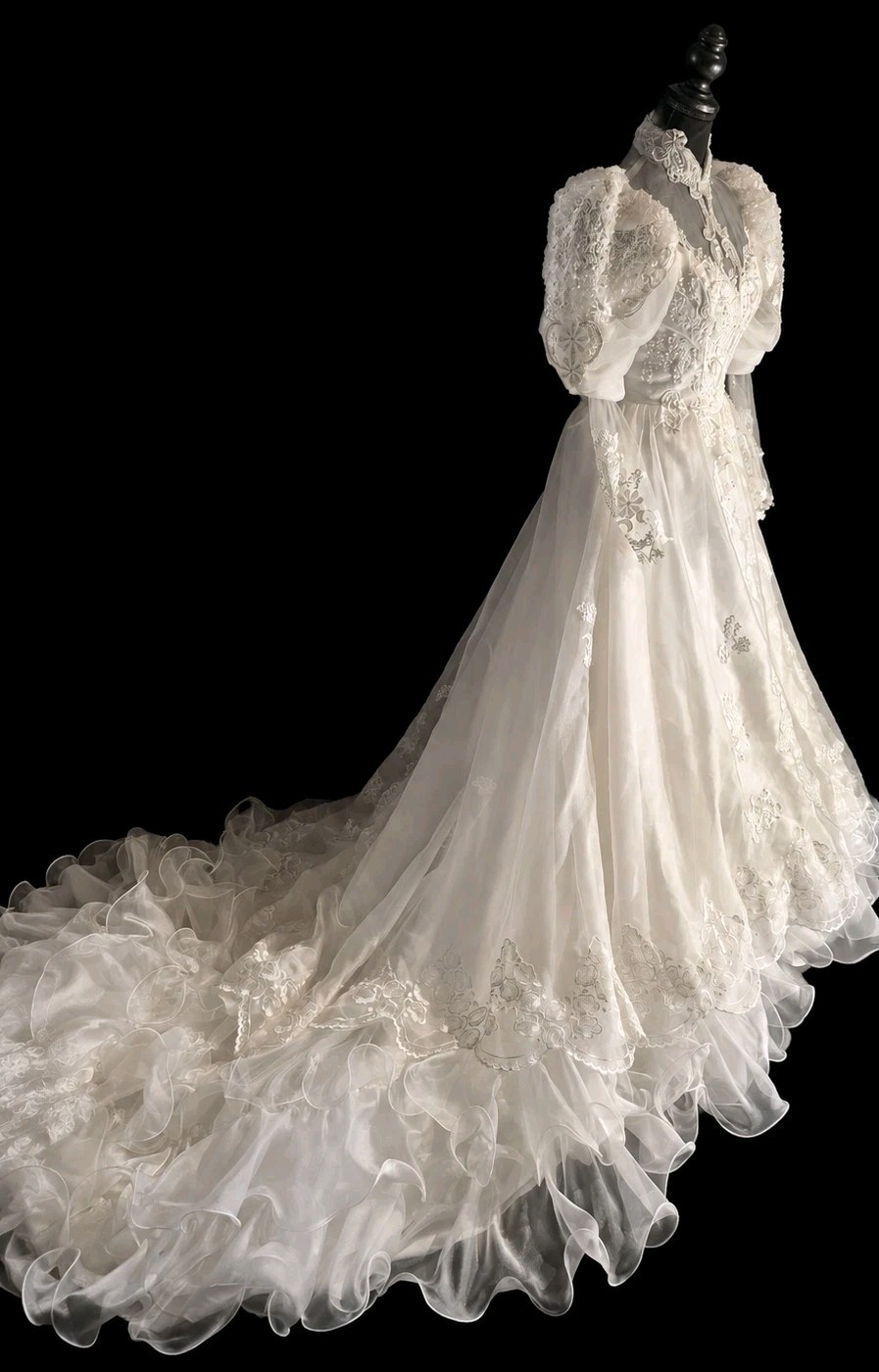 Vintage White Lace Wedding Dress Victorian Puff Sleeves Sz S