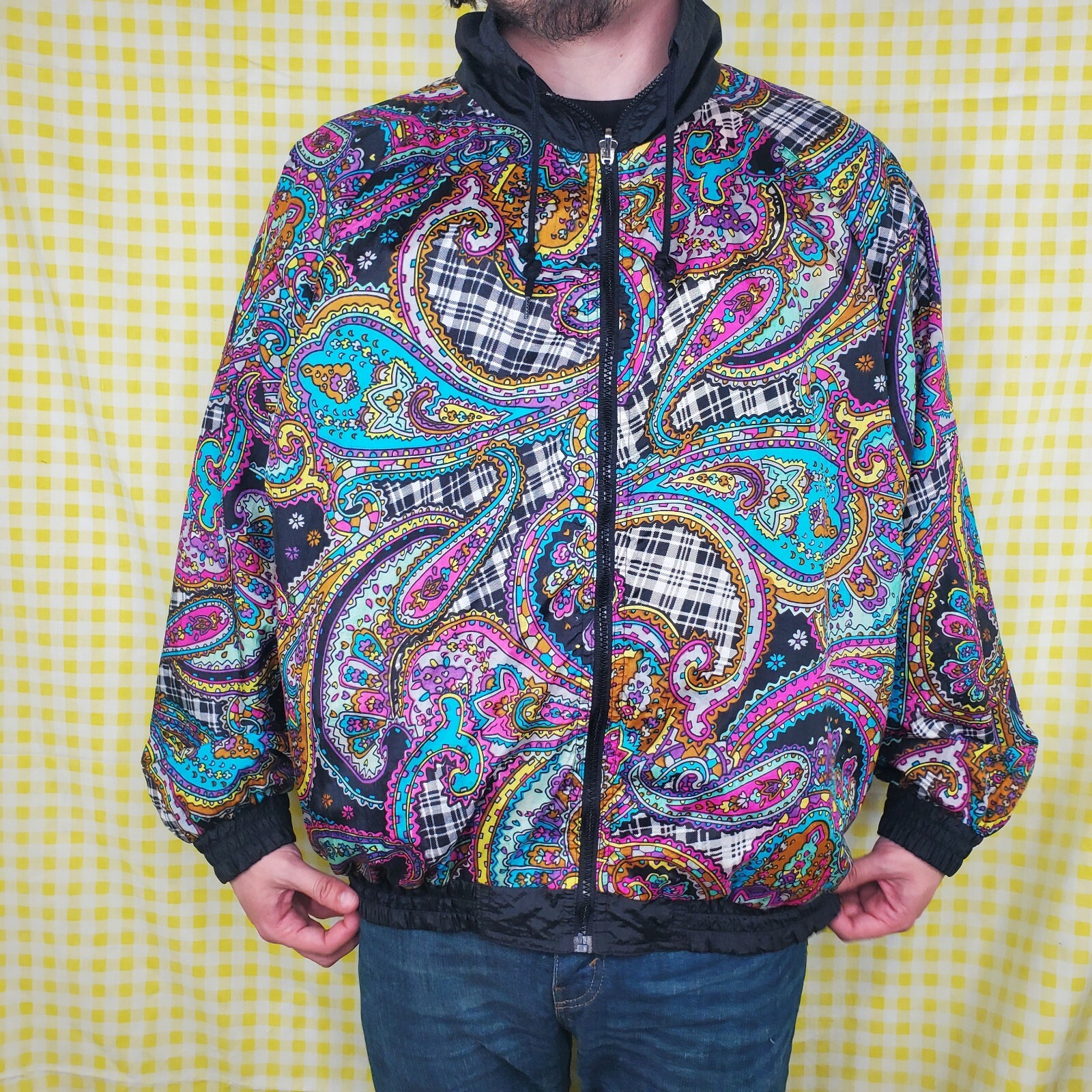 VTG 80s 90s Casual Isle Multi-Color Paisley Windbreaker Jacket 1X Reversible EUC