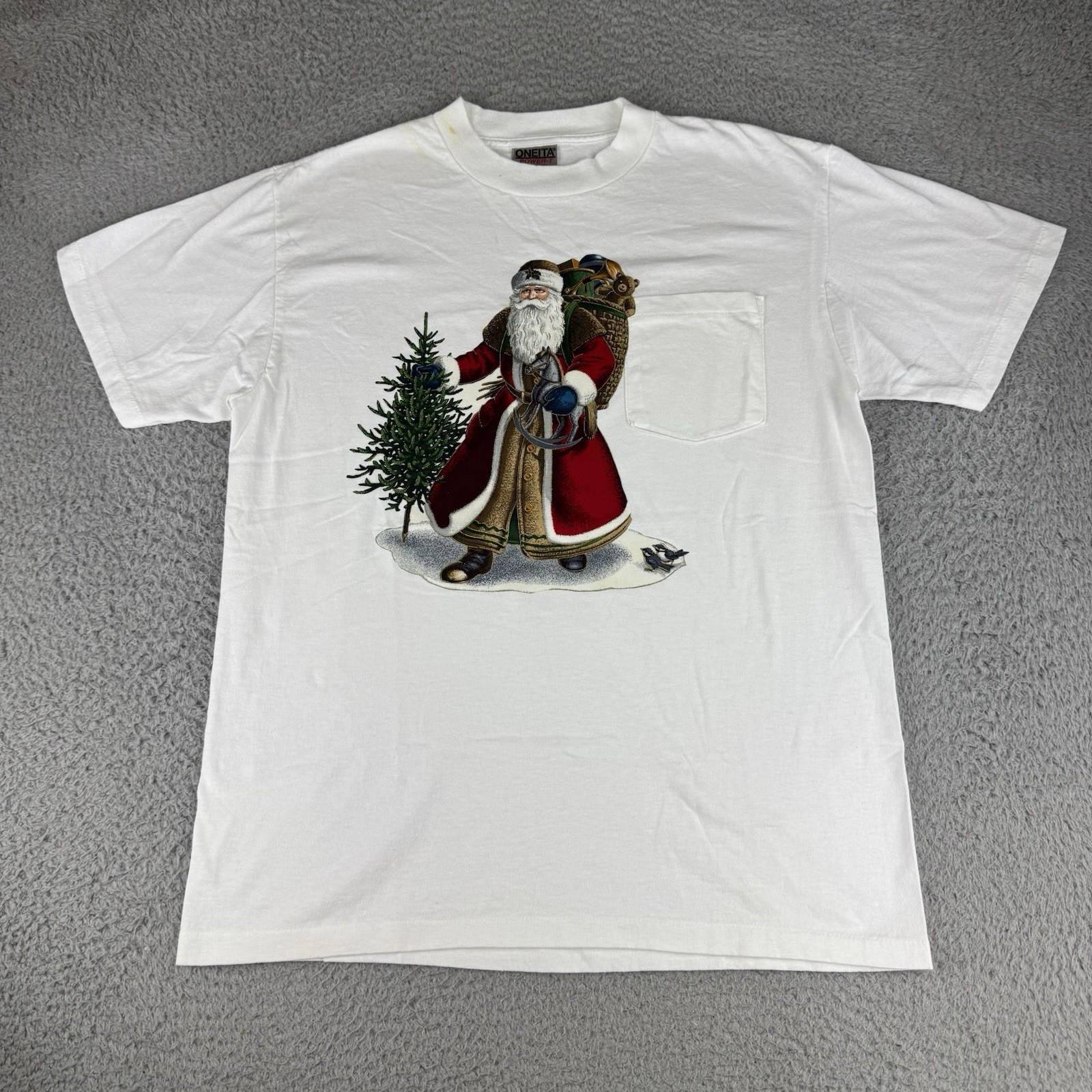 Vintage Oneita Medium T-Shirt Size White Single Stitch Tee Christmas Santa