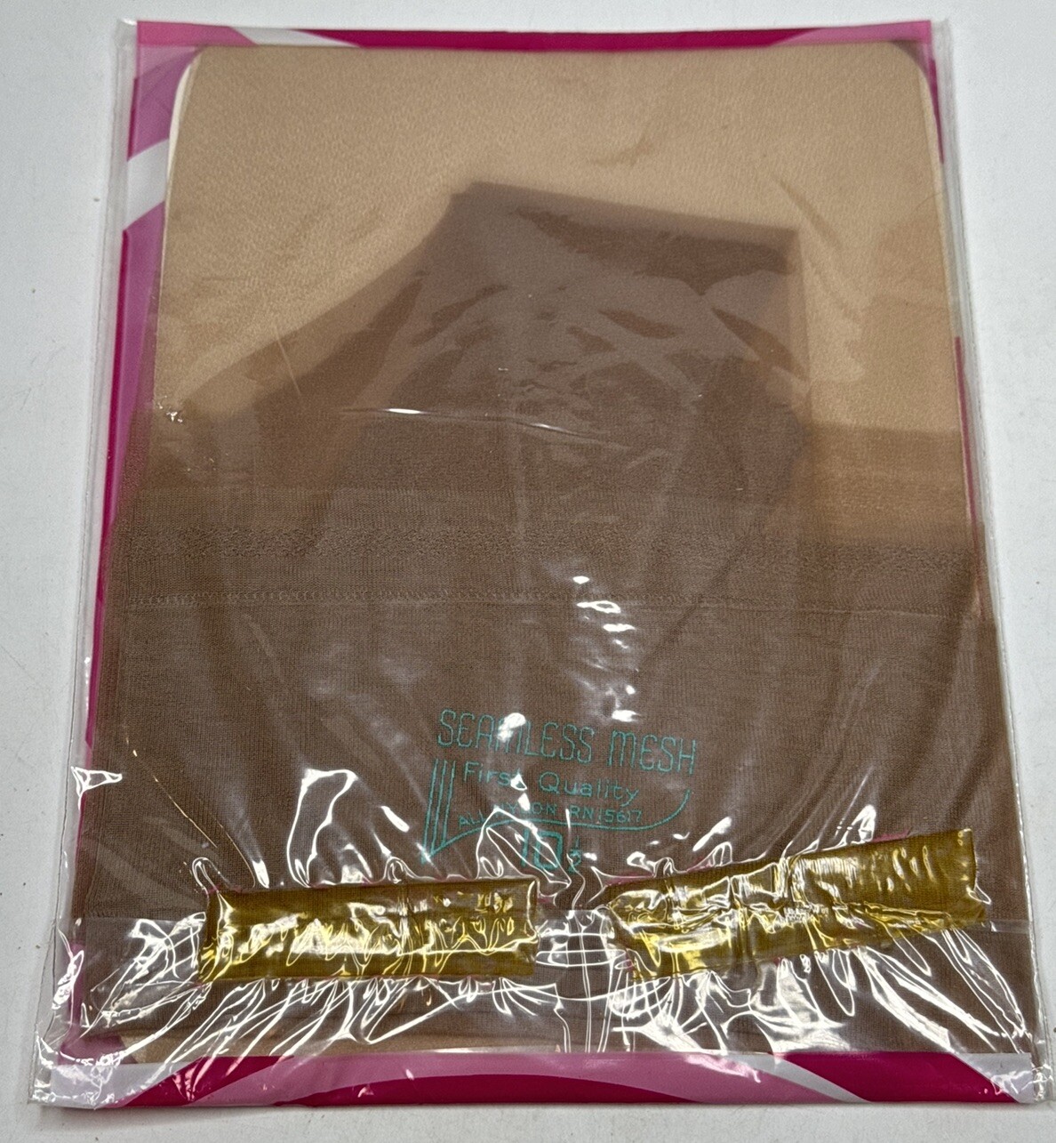 Vtg Seamless Mesh stockings 1 Pair Thigh High Stretch Nylon Size 10 1/2 Nude