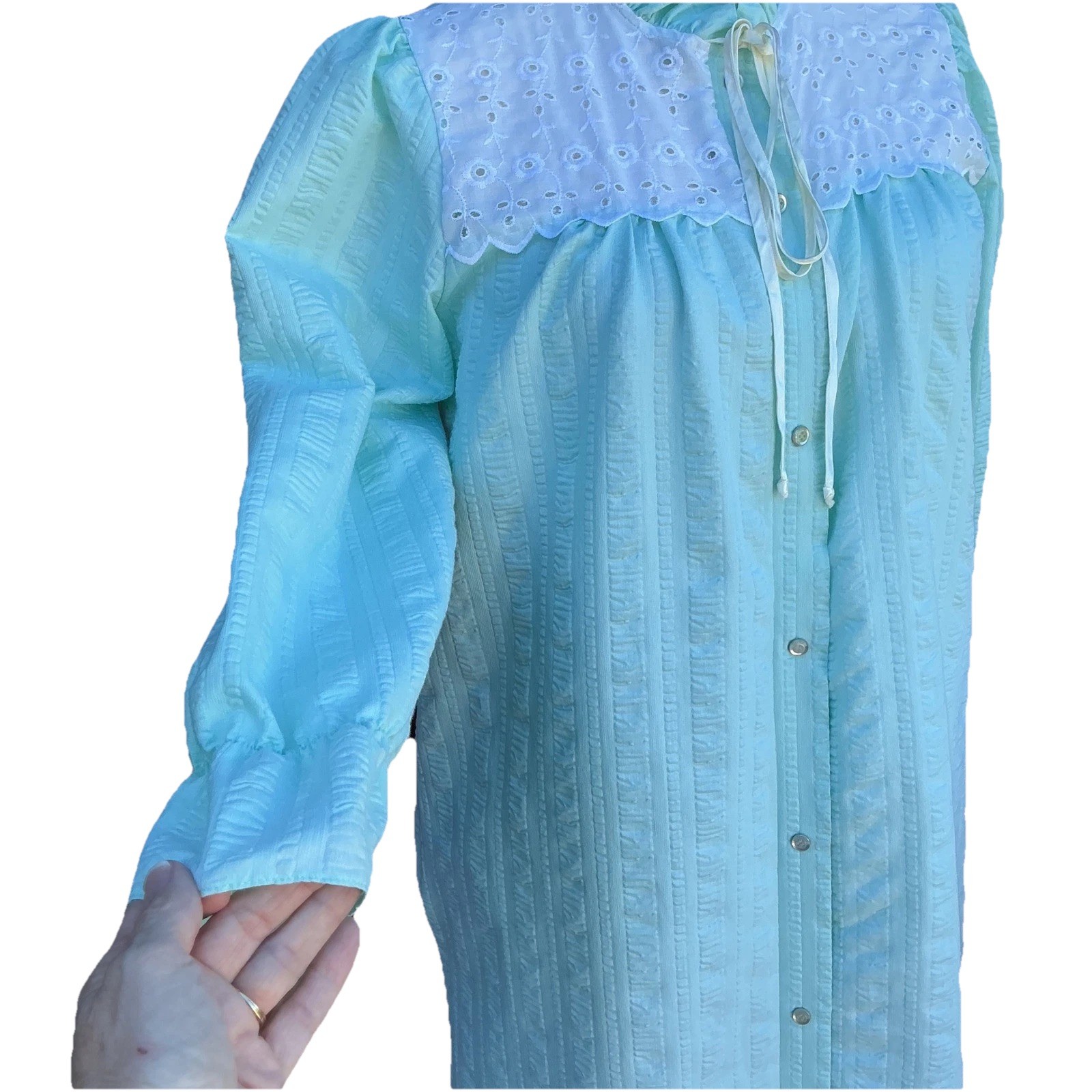 Vtg Sears Apostrophe Robe Womens M Mint Green Eyelet Lace Seersucker Cottagecore