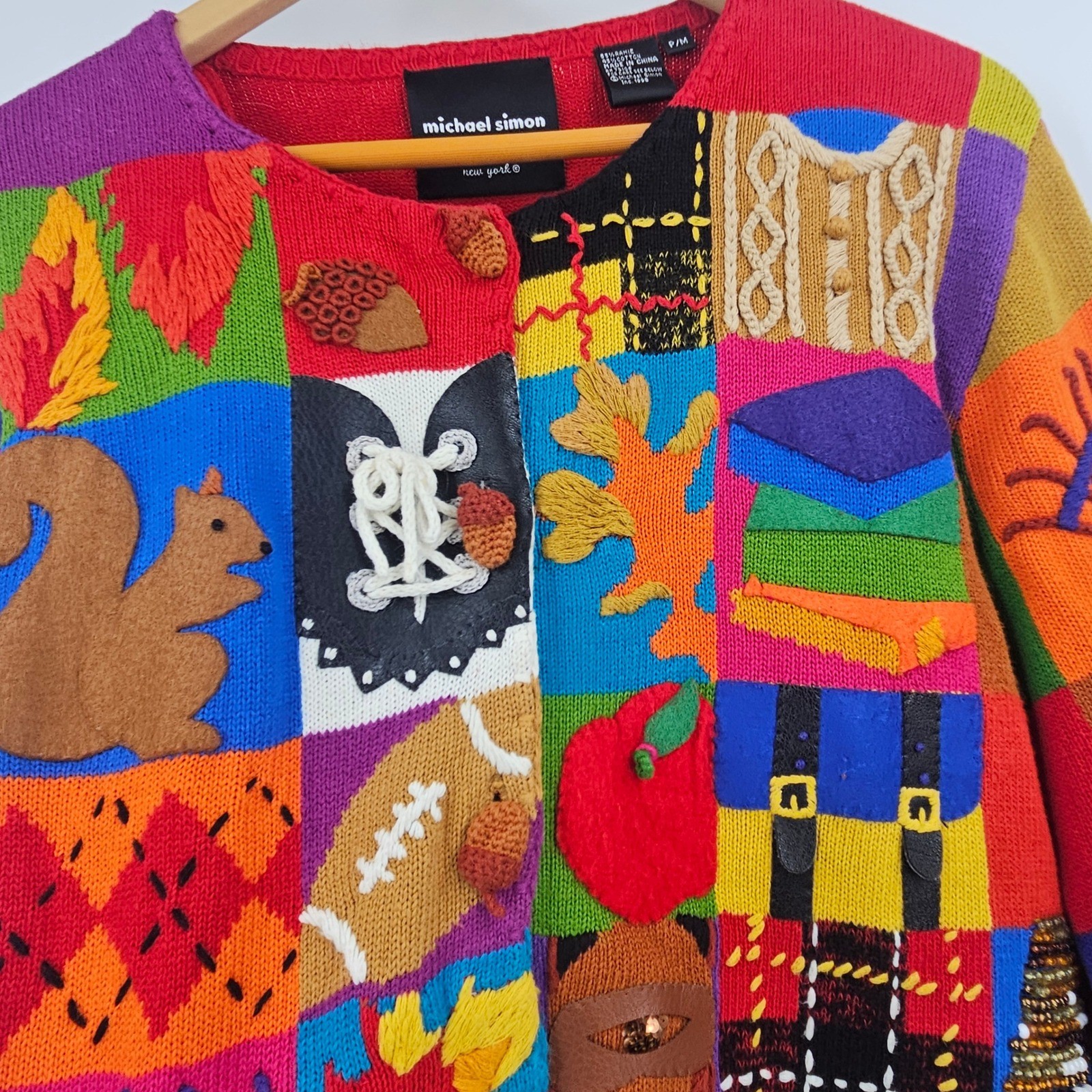 Michael Simon Cardigan Sweater Orange Green Autumn Fall Patchwork RARE Size M