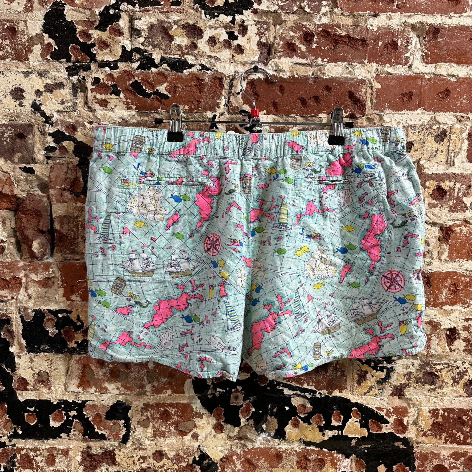 Vineyard Vines Nautical Map Ship Shorts Linen Flat Front Preppy Womens Large