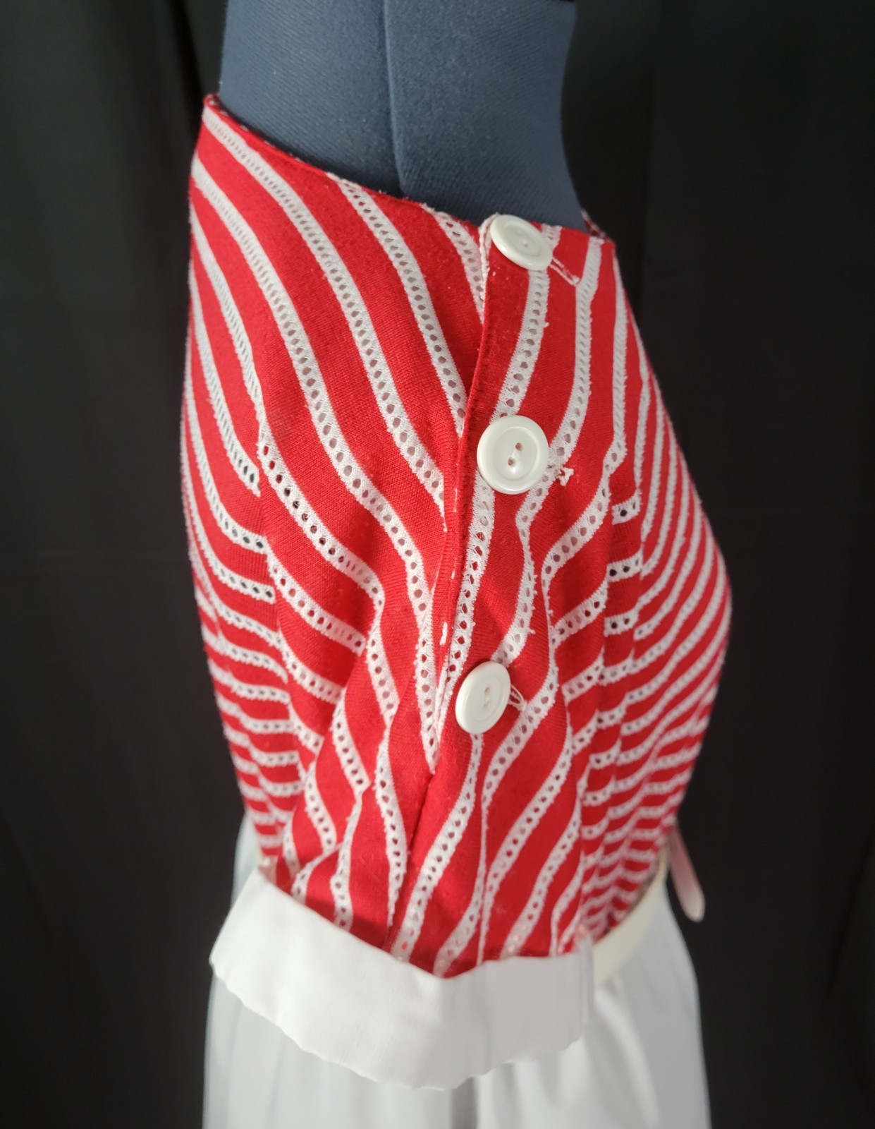 Vintage Boatneck Blouson Dress w Red & White Striped Bodice & White Skirt Size L