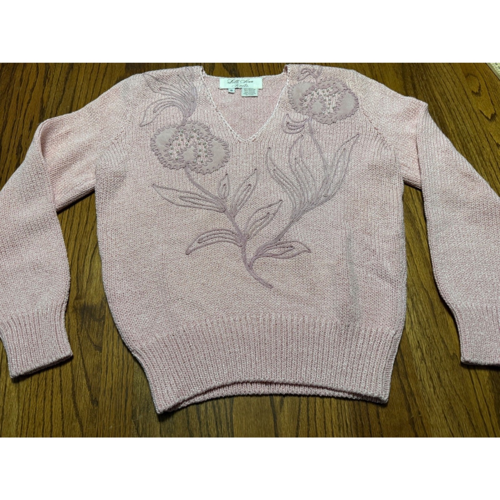 Lilli Ann Knits Vintage Pink Wool Rayon Beaded Floral Sweater V-Neck Size 8