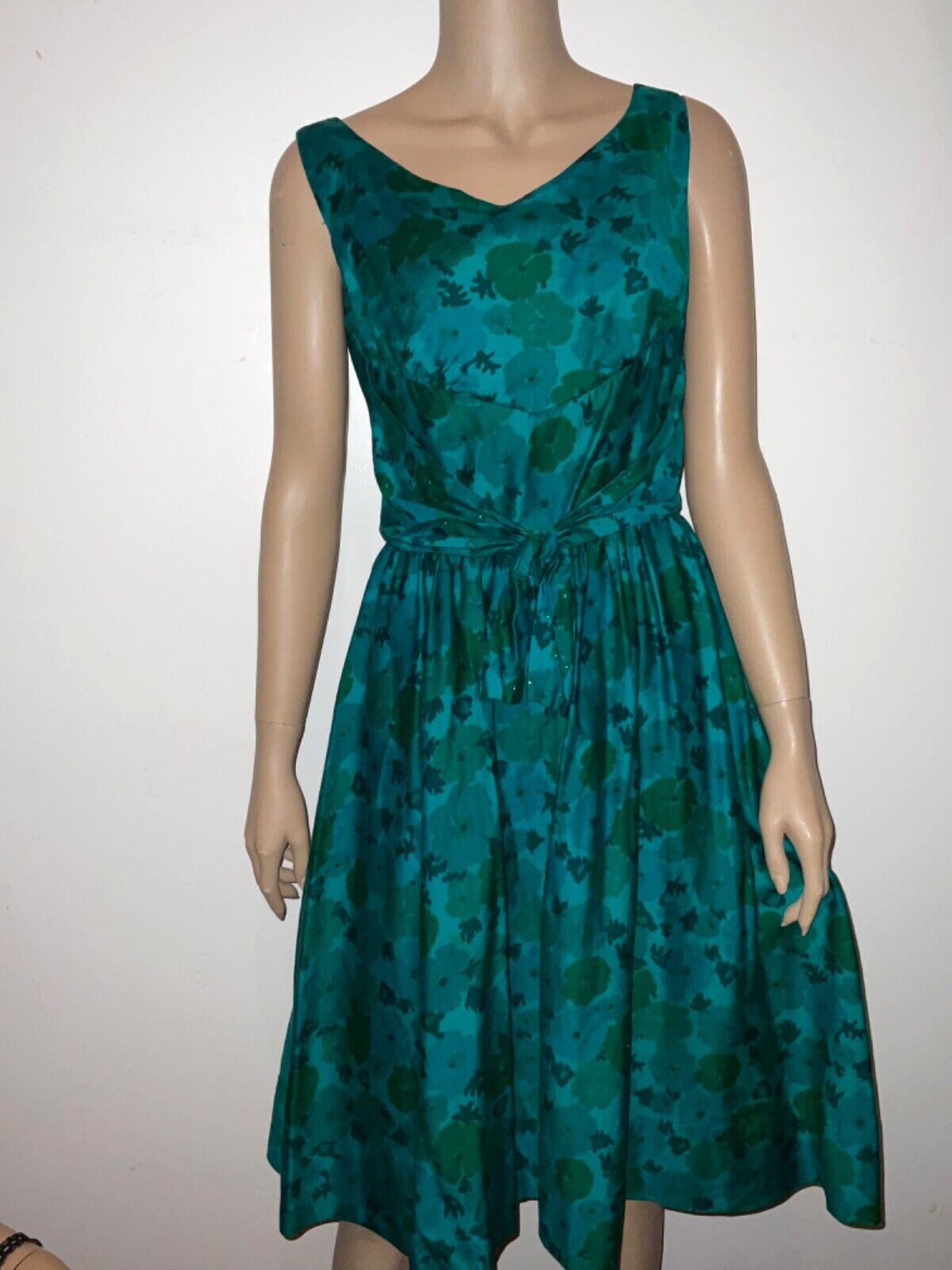 Vtg 1960s Silky Blue Green Martha Manning Formal, Wedding Prom, Party Tea Dress