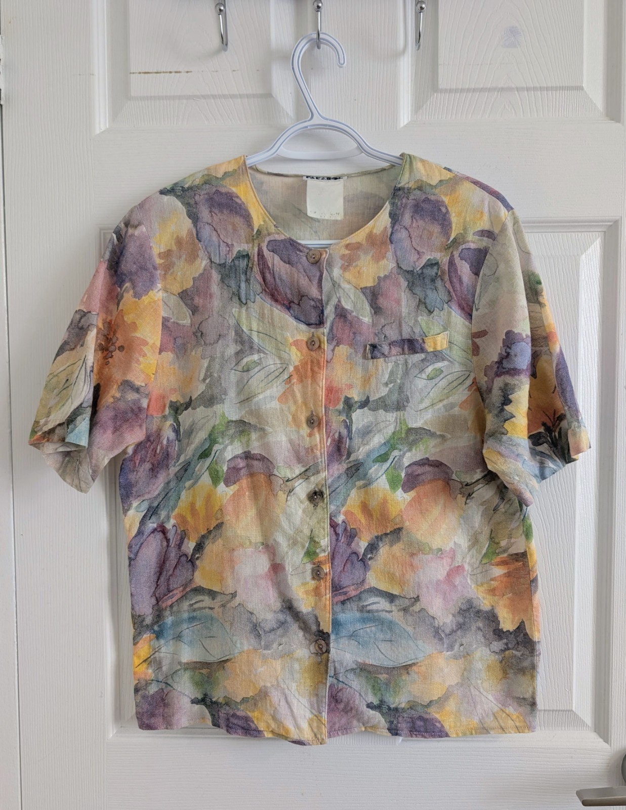Vintage 80s Parabol Floral Watercolor Cotton Linen Shirt – Pit to Pit 19″ – Rare