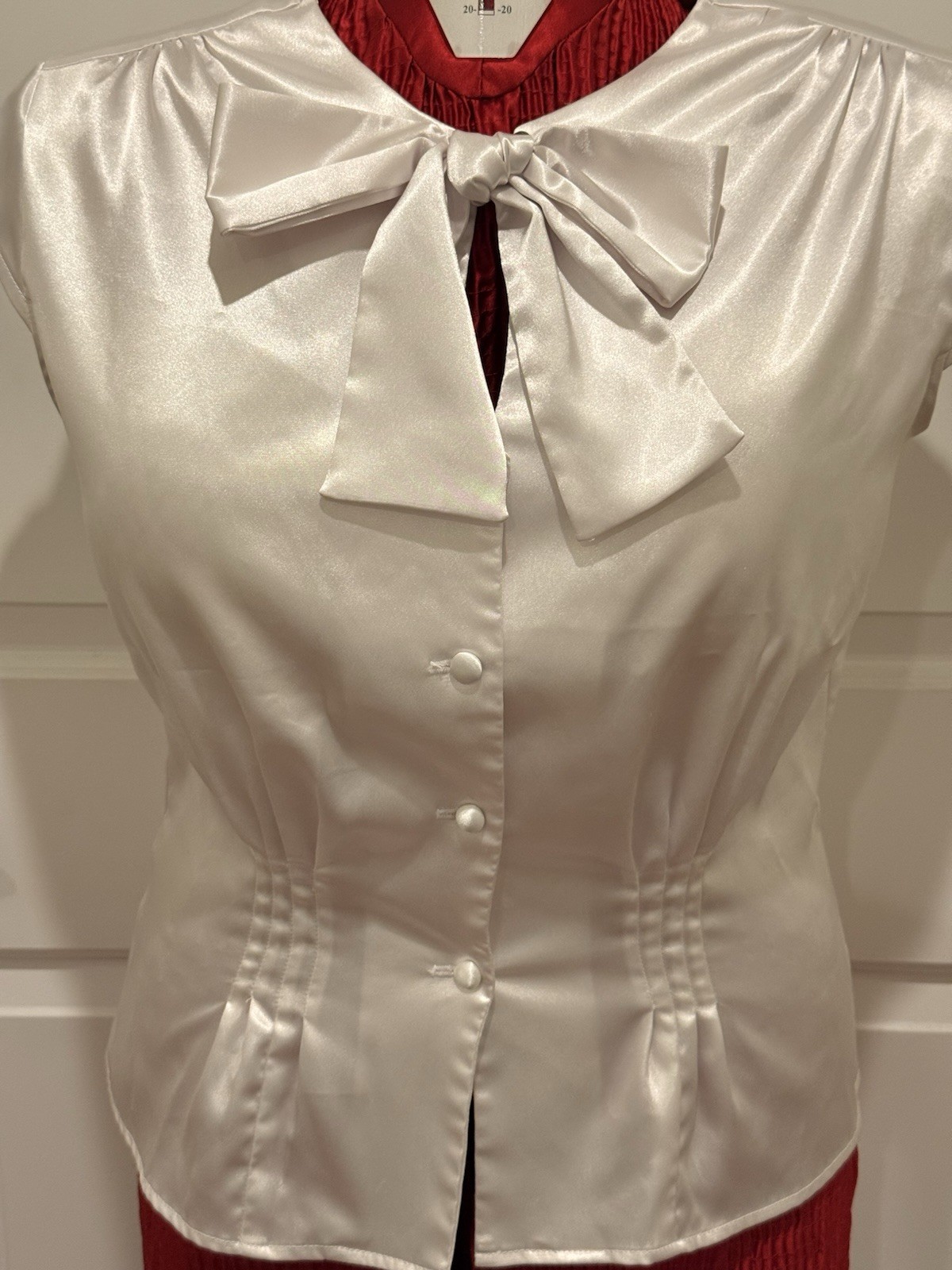 Women’s Early 2000’s Stop Staring Size 14 White Satin Button Down Cap Sleeve Top
