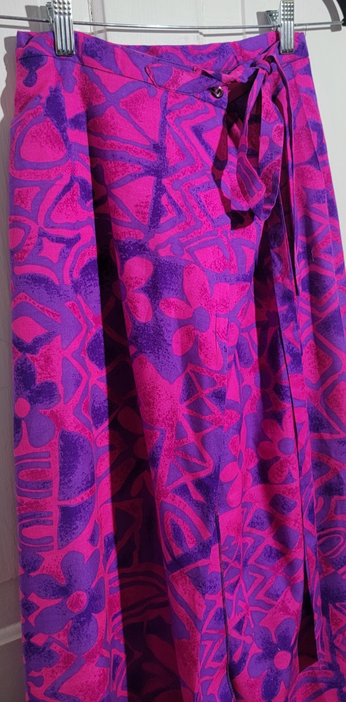 EUC 70s Vintage Hawaiian Floral Print Hostess Maxi Wrap Around Skirt Tiki XS 25″