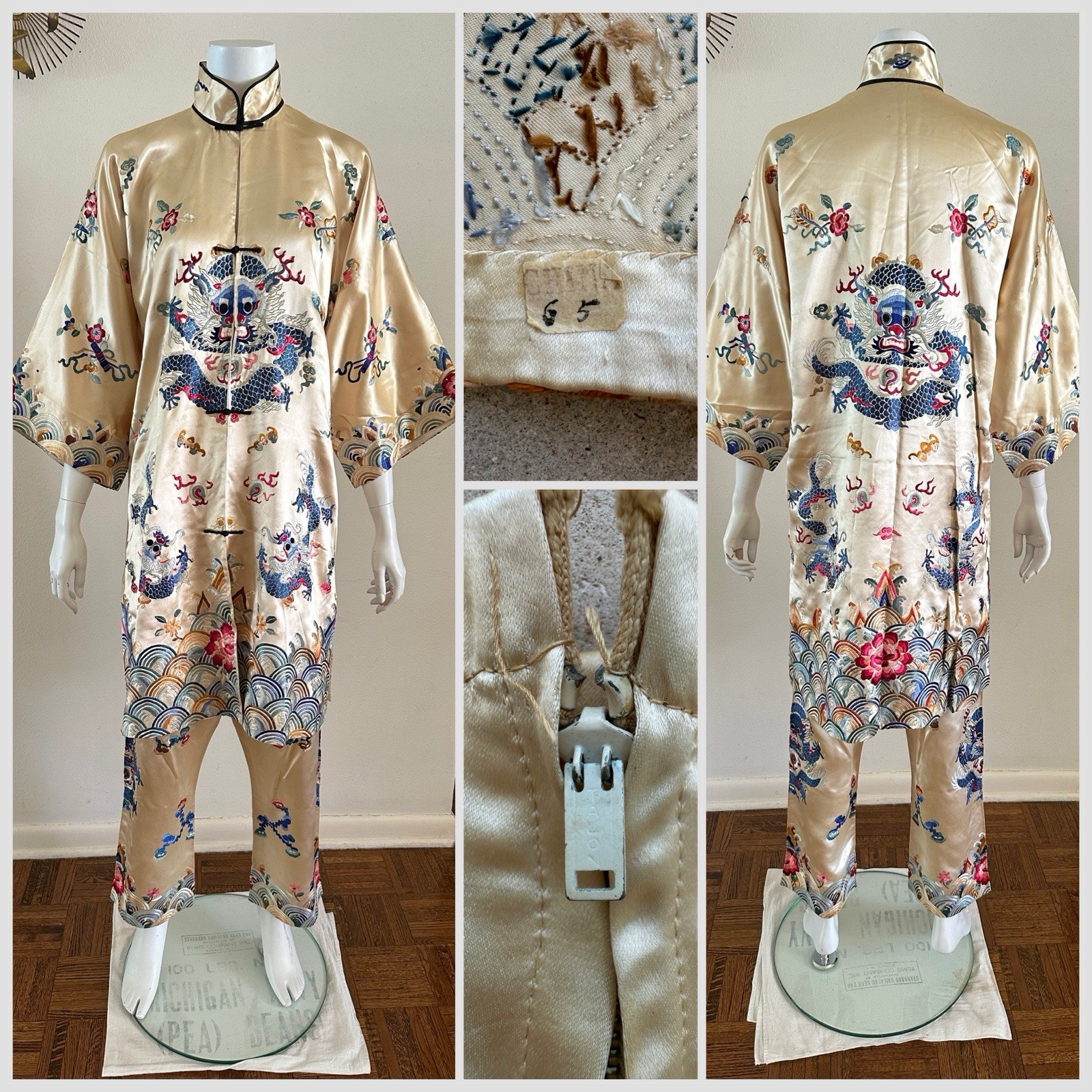 1930s 2pc Chinese Silk Satin Embroidered Dragon Lishui Wave Robe Pants Set Talon