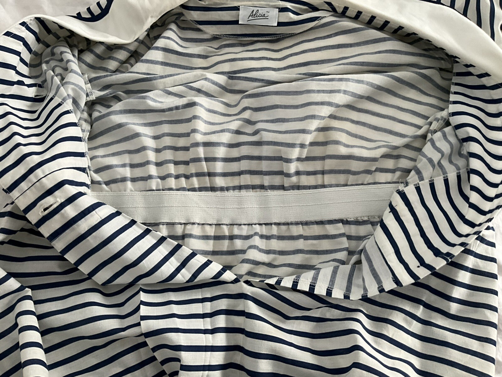 Vintage ALICIA Double Breasted Navy White Stripe Cotton House Dress Size 16