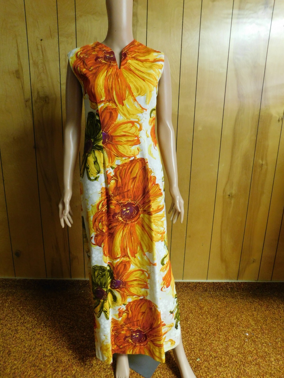 Vintage ALICE POLYNESIAN FASHIONS Barkcloth Orange Floral Maxi Dress 30″ Waist*