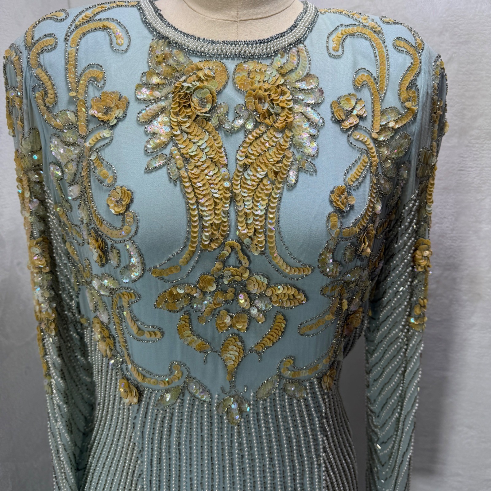 Nite Line Vintage 80s Beaded Sequin Cocktail Dress 10 Light Blue Gold Silver