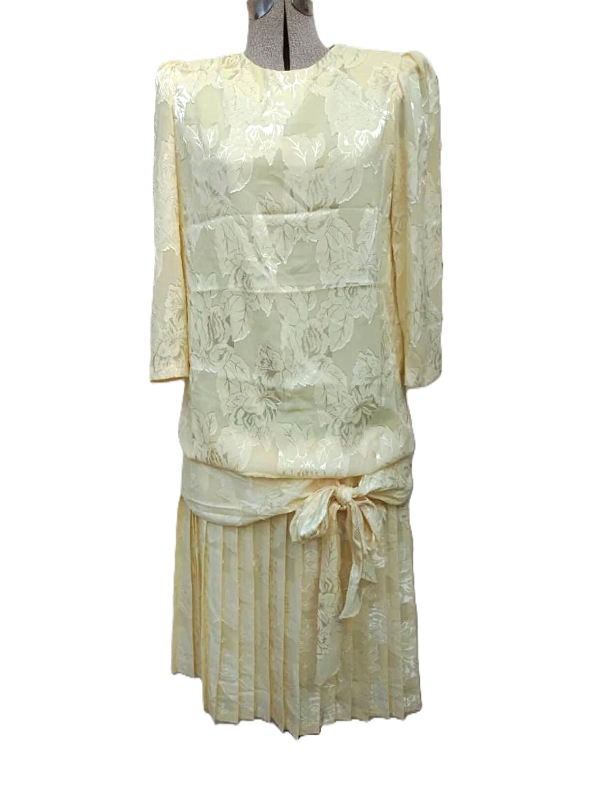 Vintage 80s Yellow Drop Waist Dress NU MODE Big Bow Pleated Bottom Size 9 10