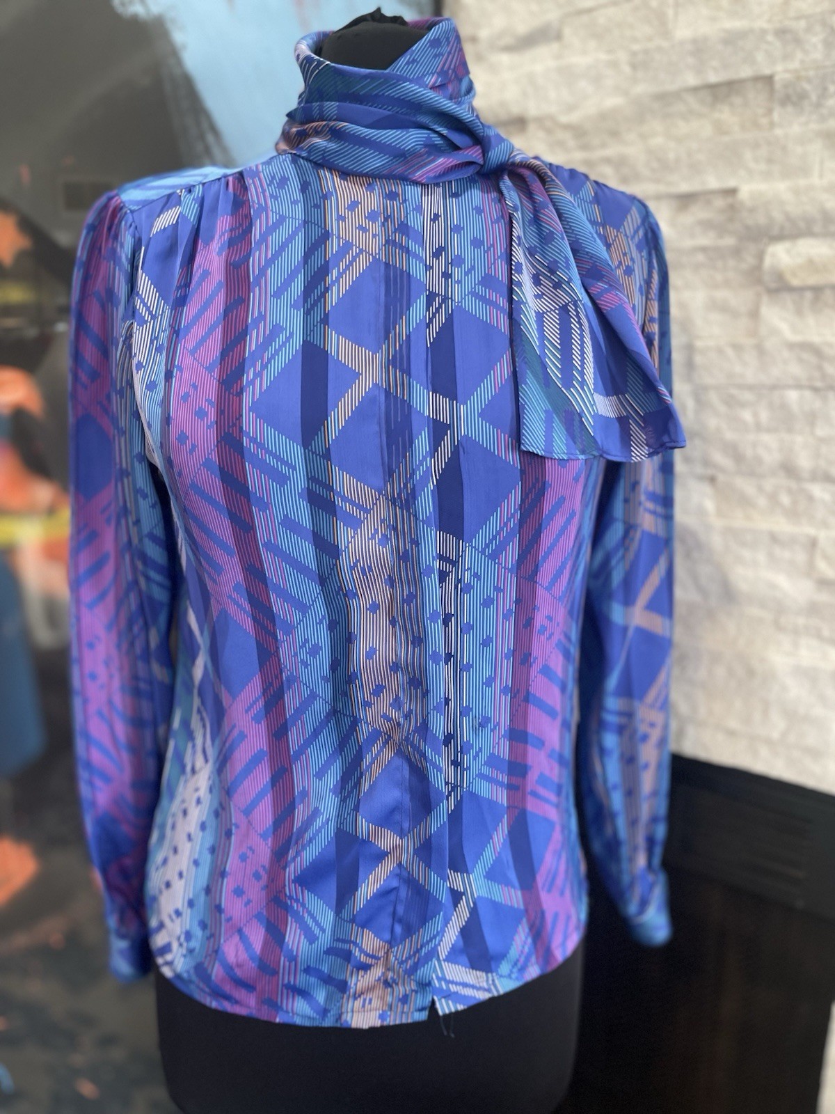Vintage Nicola 1980s Secretary Blue Stripe Blouse With Bow Size 4