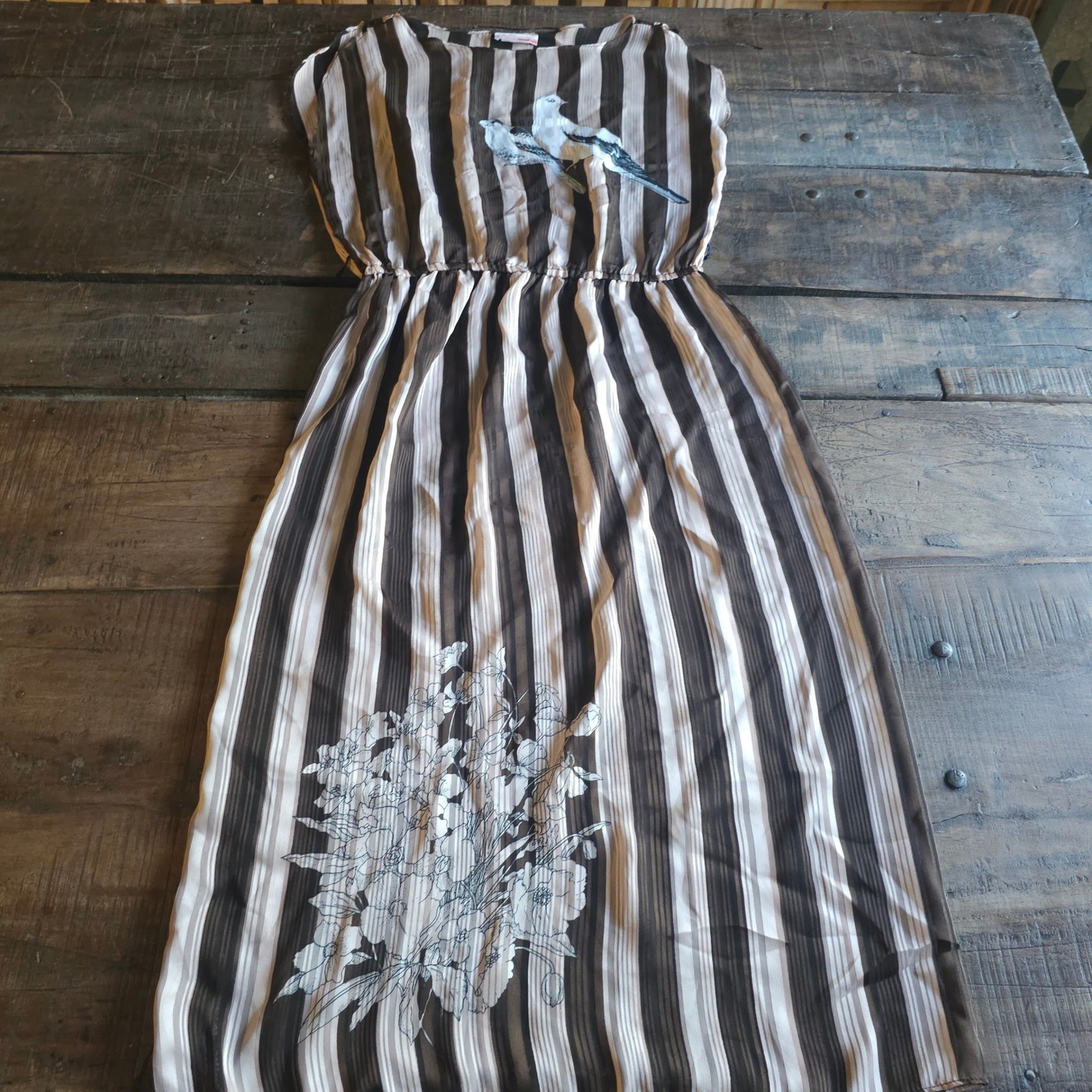 Vintage 70s Charline Striped Bird Floral Midi Dress Pink Brown Cream Dove Sheer