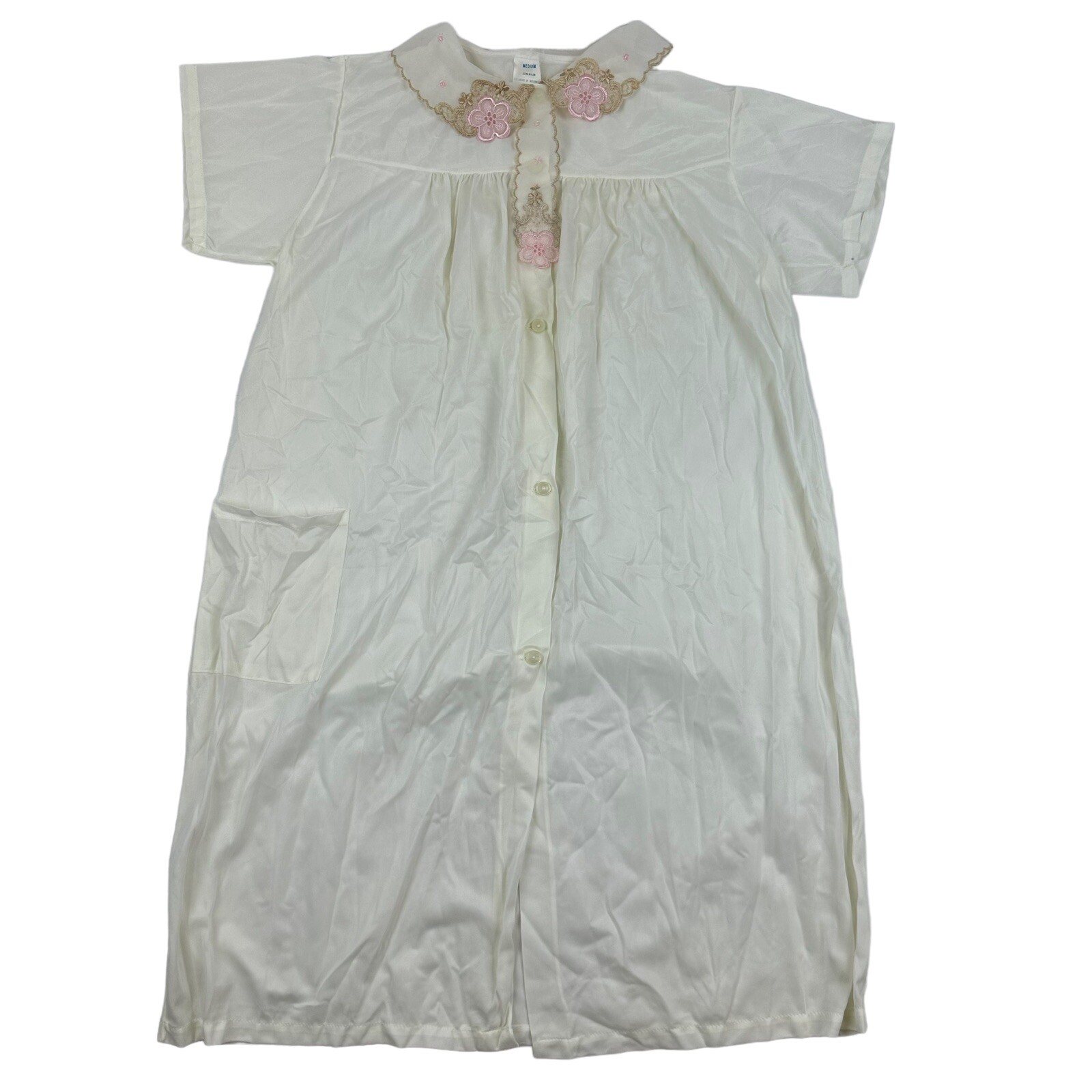 VTG Philmaid Robe Nightgown Housecoat Nylon Size M Ivory S/S Floral Lace Detail