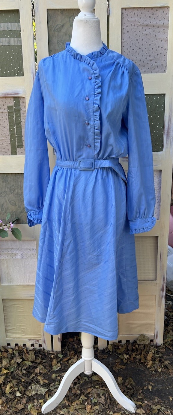 Vintage 1980s Prairie Dress Formal 14.5 Cornflower Blue Ruffle High Neck Cottage