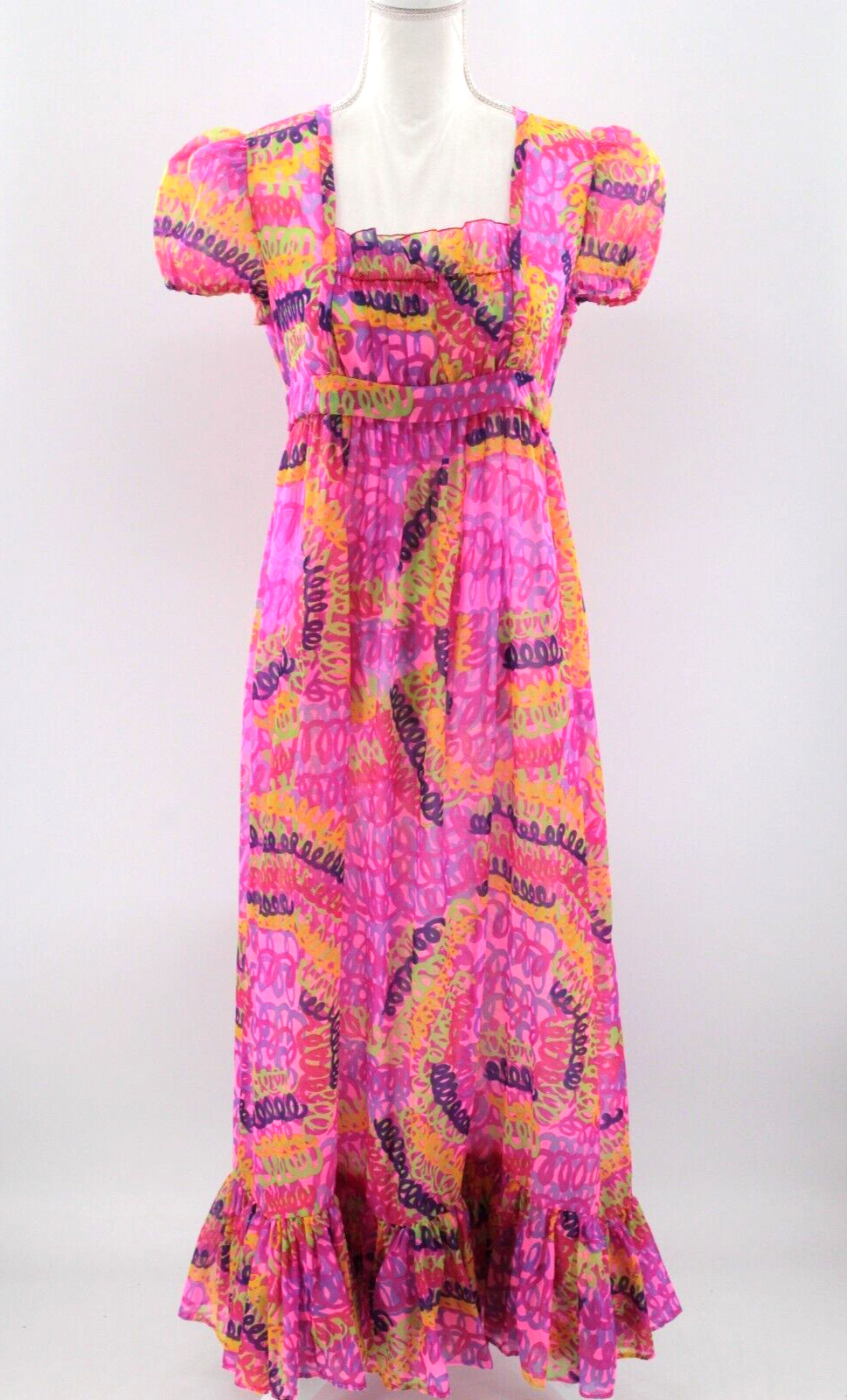 VTG 60s Sheer Psychedelic Print Maxi Dress Sz S/M 1960s Long Gown Hostess Party