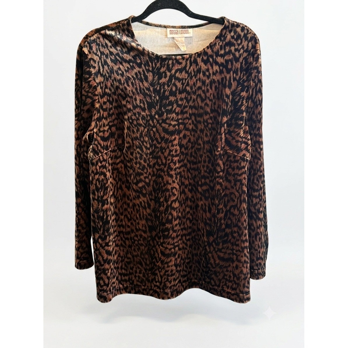 Maggy London Vintage Animal Print Velvet Top Brown Black Long Sleeve Size 18