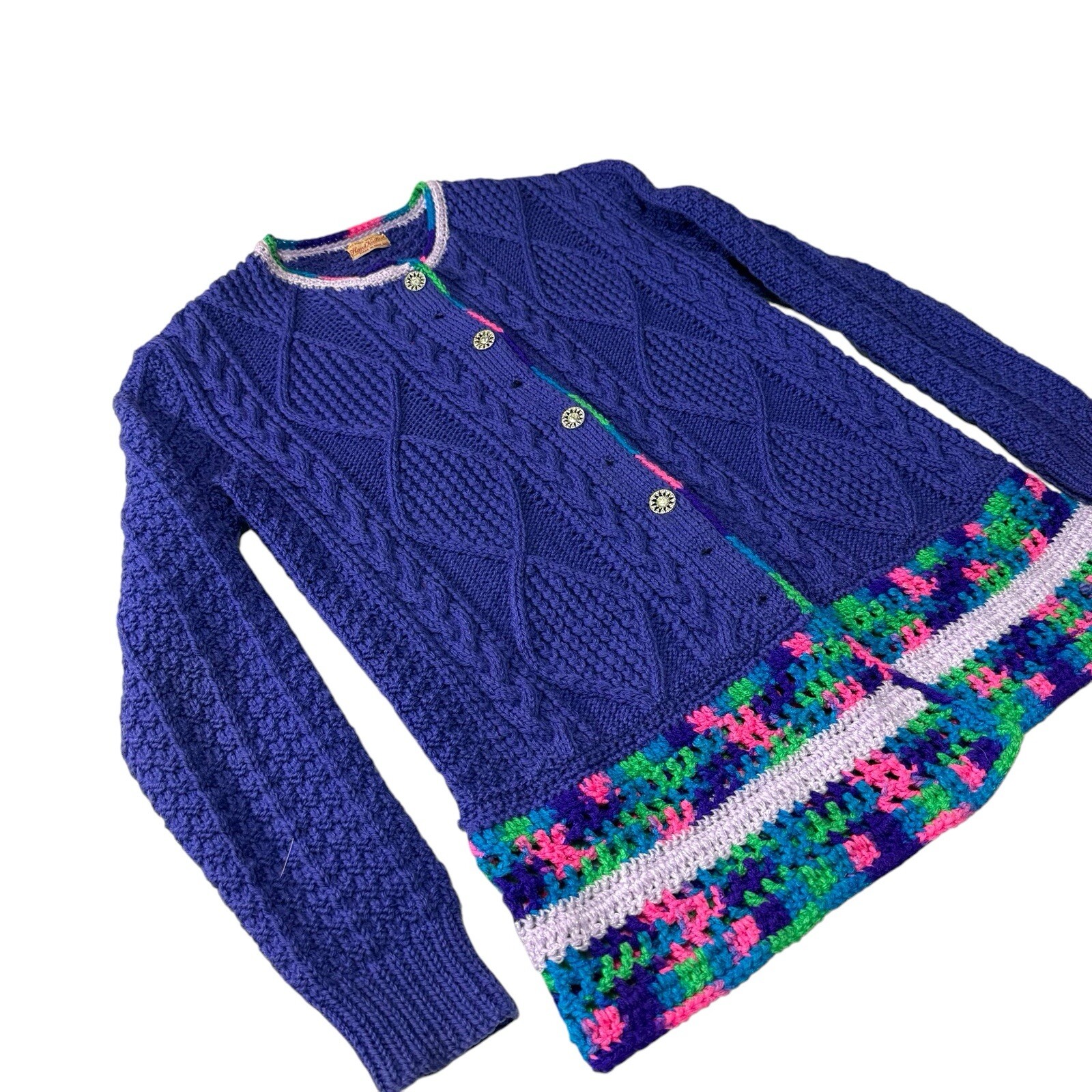 Vintage Hand Knitted Wool Women Cardigan Sweater Cable Knit Crochet England 1950