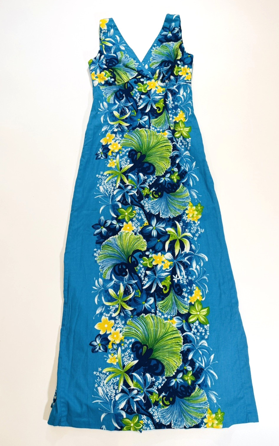 VTG Women’s Hawaiian Togs Blue Floral Barkcloth Pleated Train Maxi Dress Sz XS