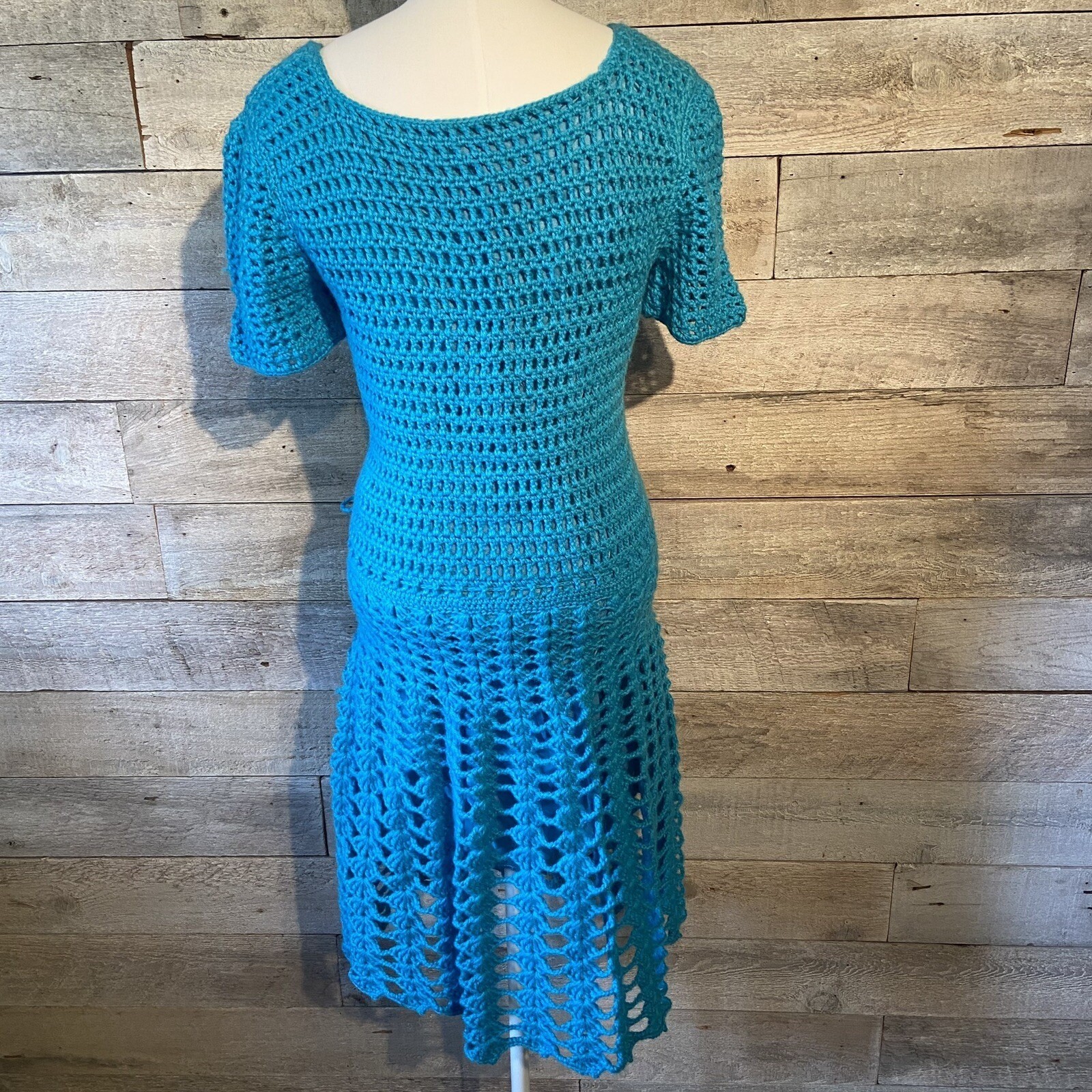 EUC Vintage Handcrafted Crocheted Lined Fit & Flare Blue Dress Size Small