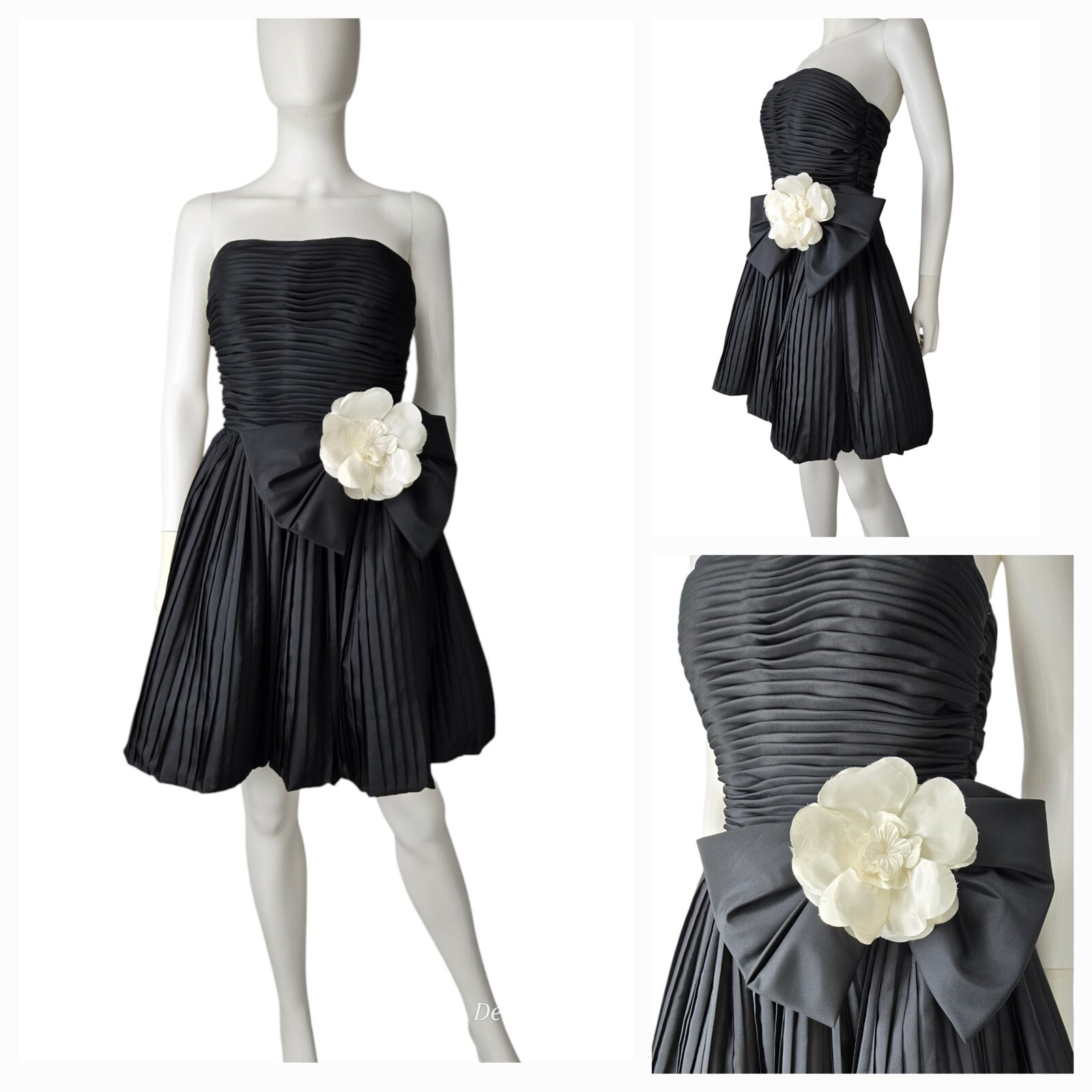 VTG 80s After Five Julie Duroche Camellia Black Pleated Bubble Mini Dress Coco S