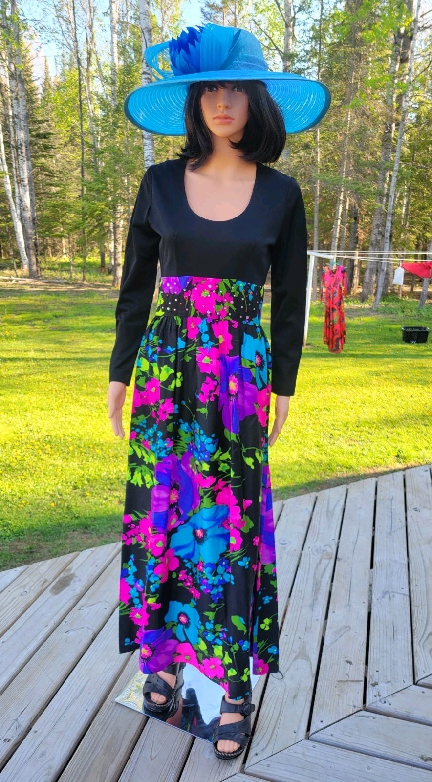 Vintage 60s 70s Stephen O’Grady Neon Floral Maxi Dress Long Sleeve Mod Hostess
