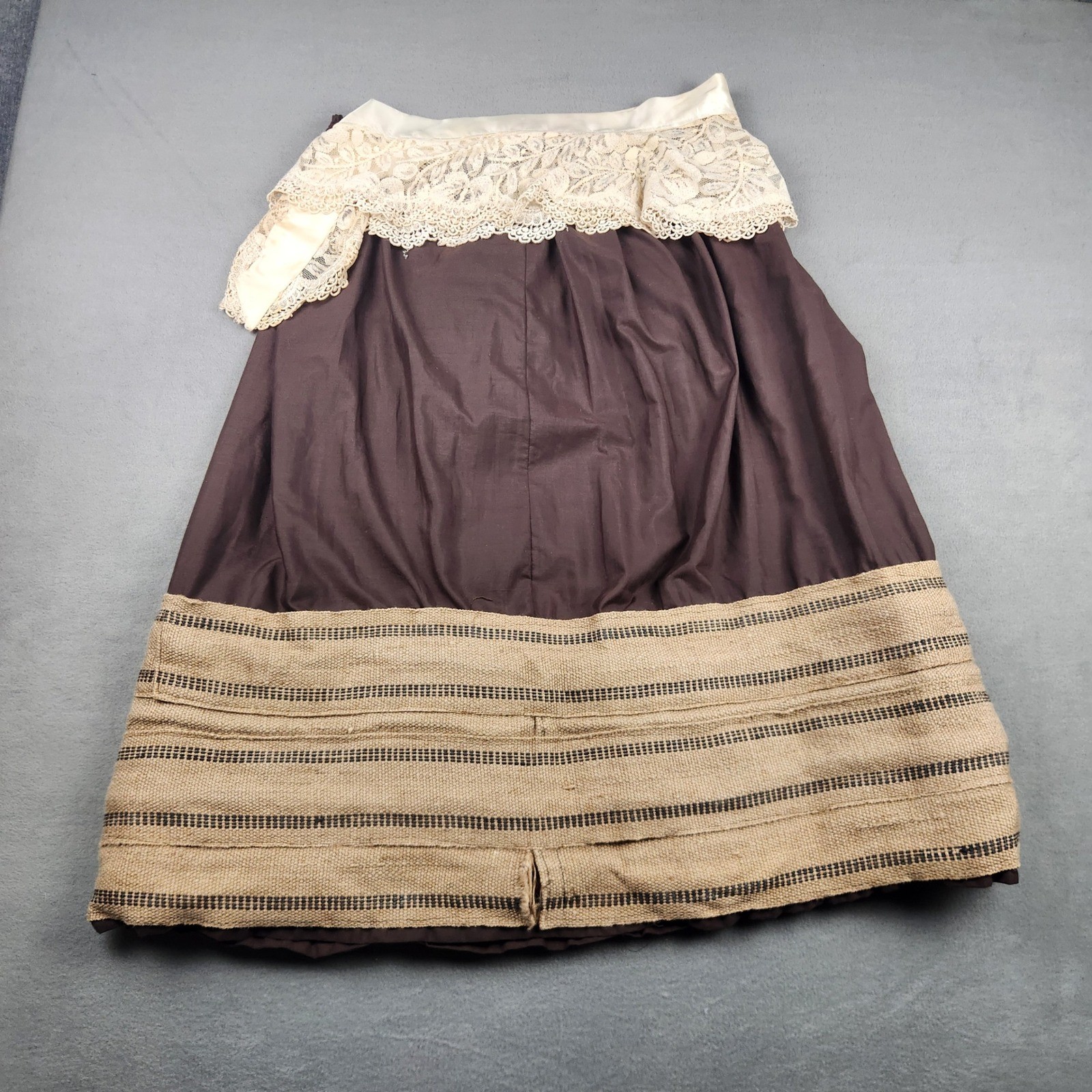 Antique Victorian Cotton Skirt Striped Burlap Hem Drawstring Waist Primitive