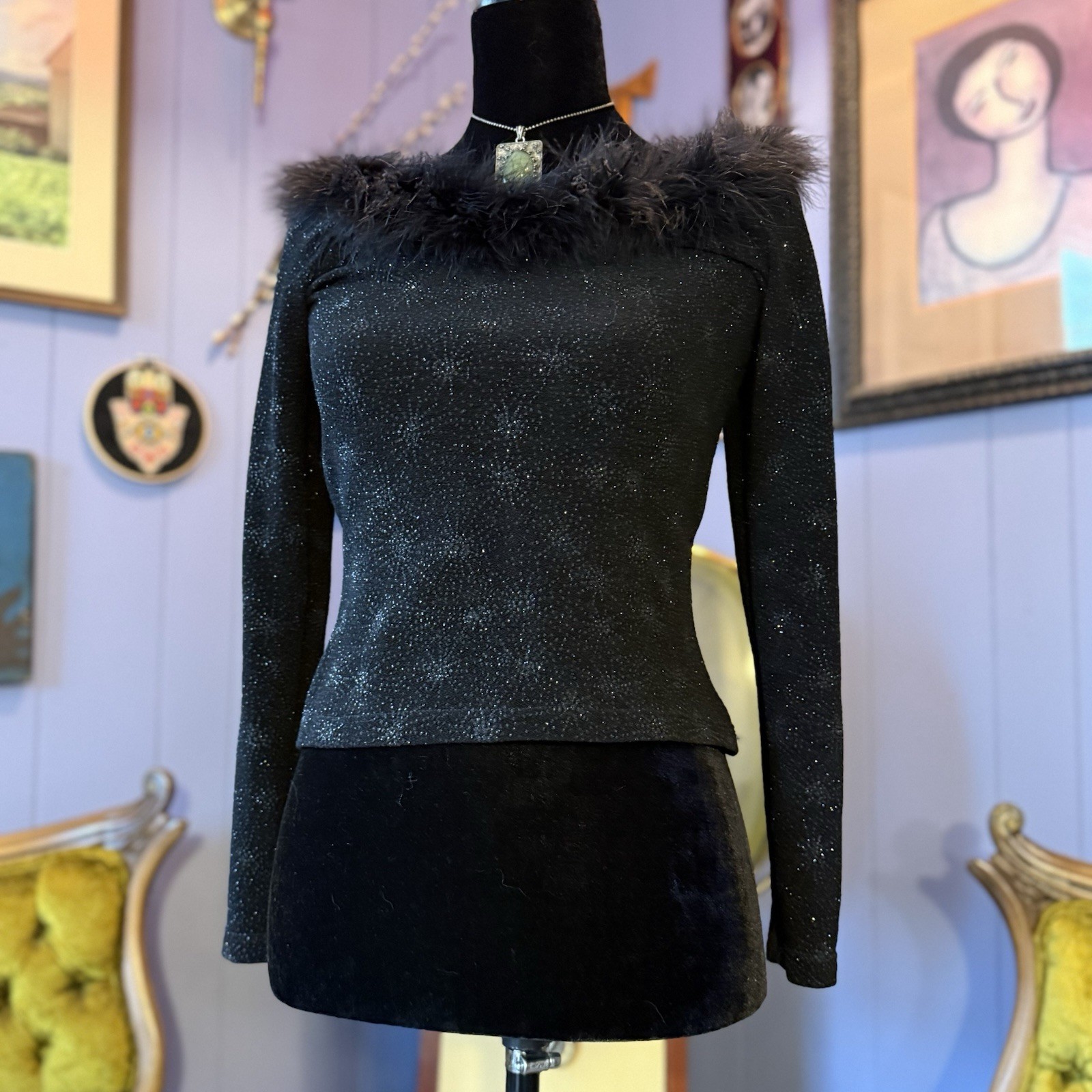 Vintage 90s J.R. Nites By Caliendo Black Feather Trimmed Sparkling Top Size S