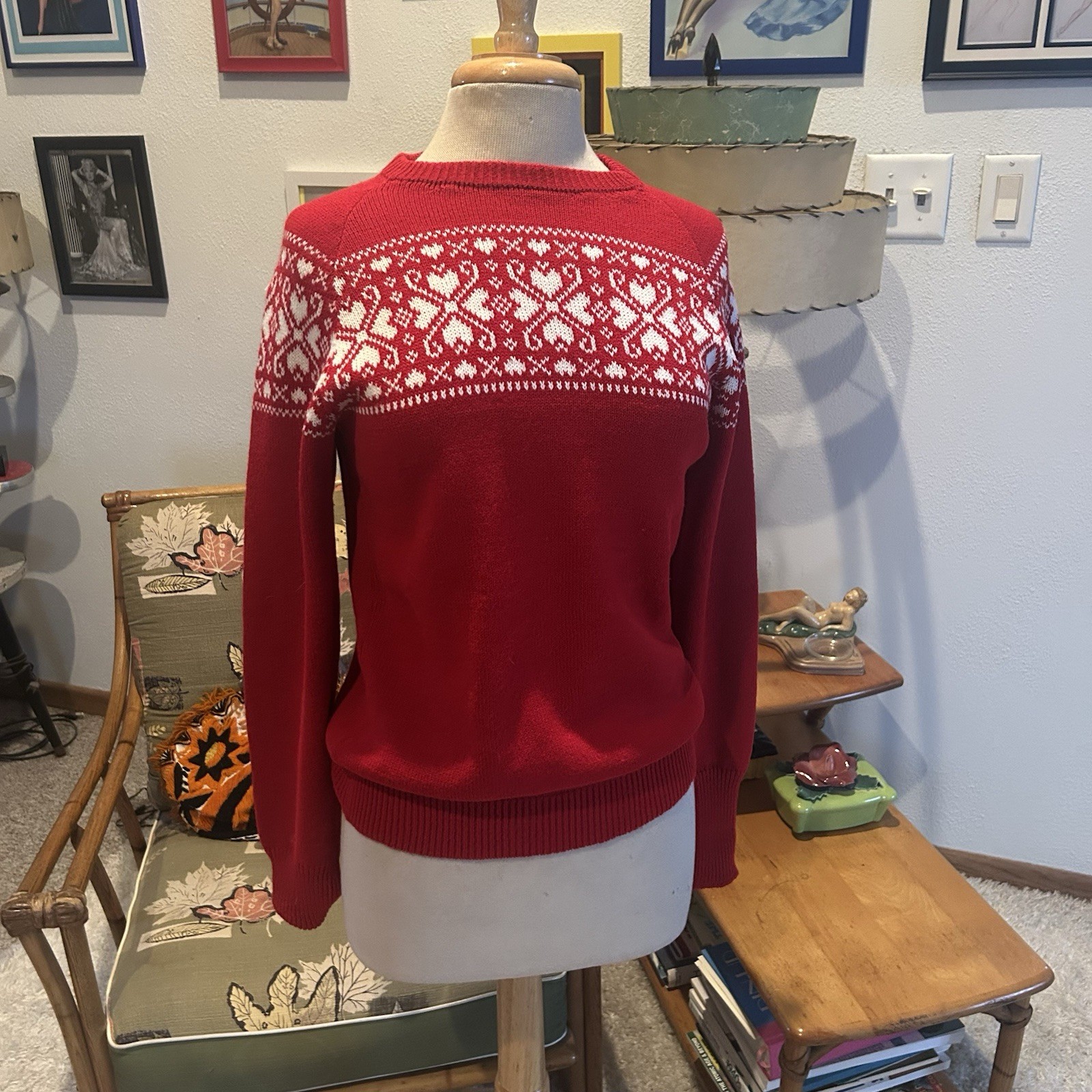 Vintage 1940s Style Sweater | Heart Snowflake | Red | M L | 40s | Fair Isle