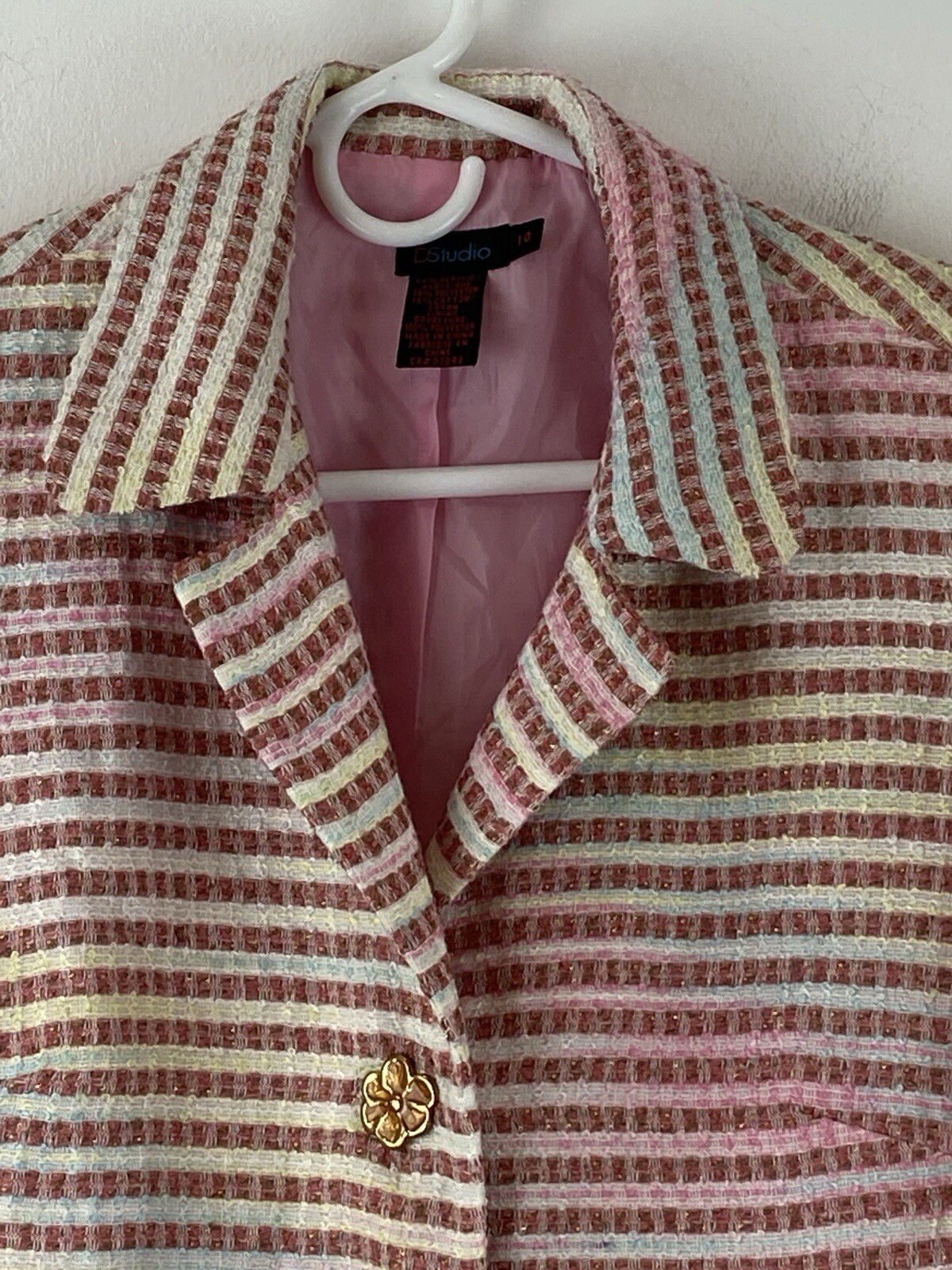 Vintage Y2K D Studio Womens Multicolor Stripe Tweed Coat Jacket Size 10 XS/S