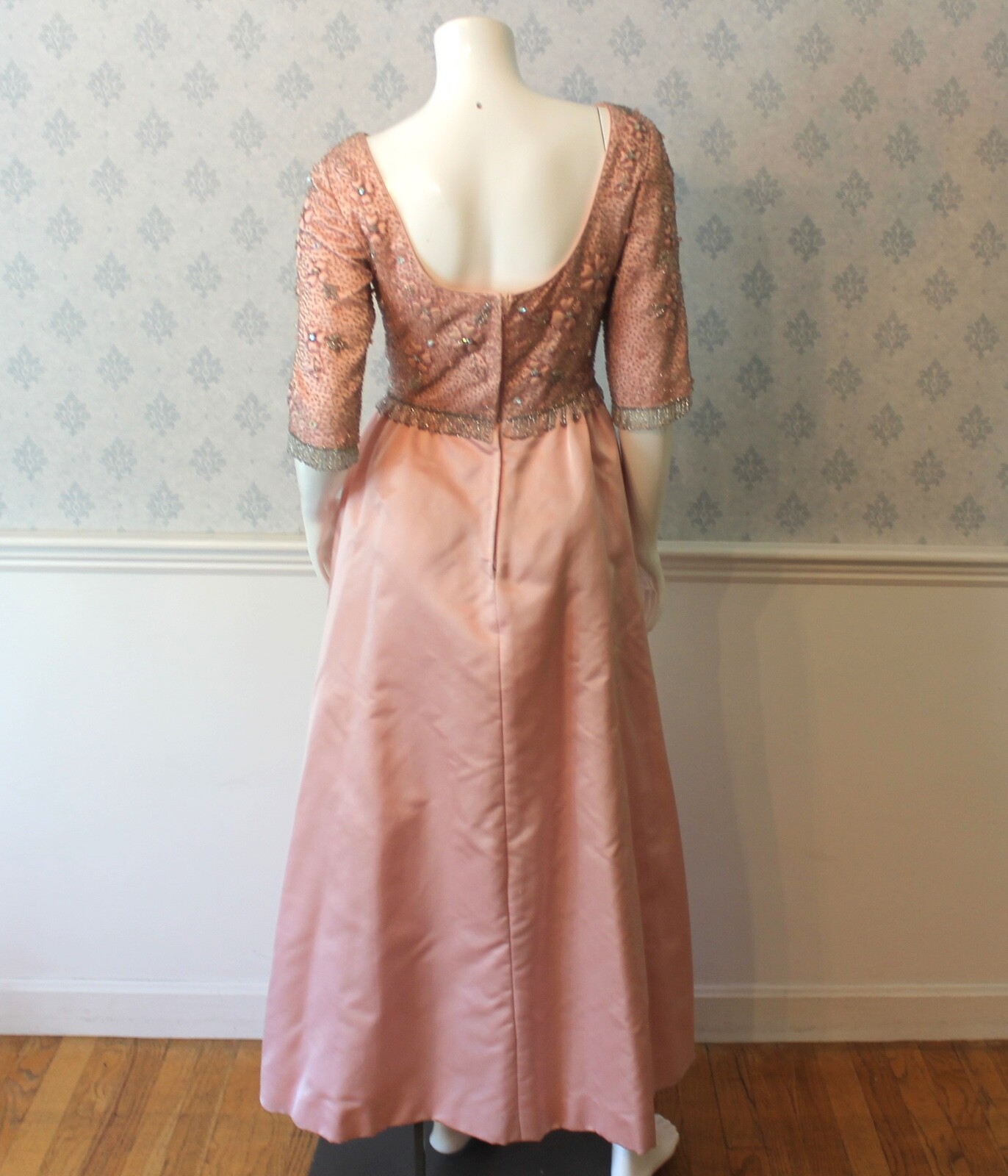 Vintage 1960s Pink Satin and Silver Beaded Victoria Royal Ltd. Hong Kong Gown