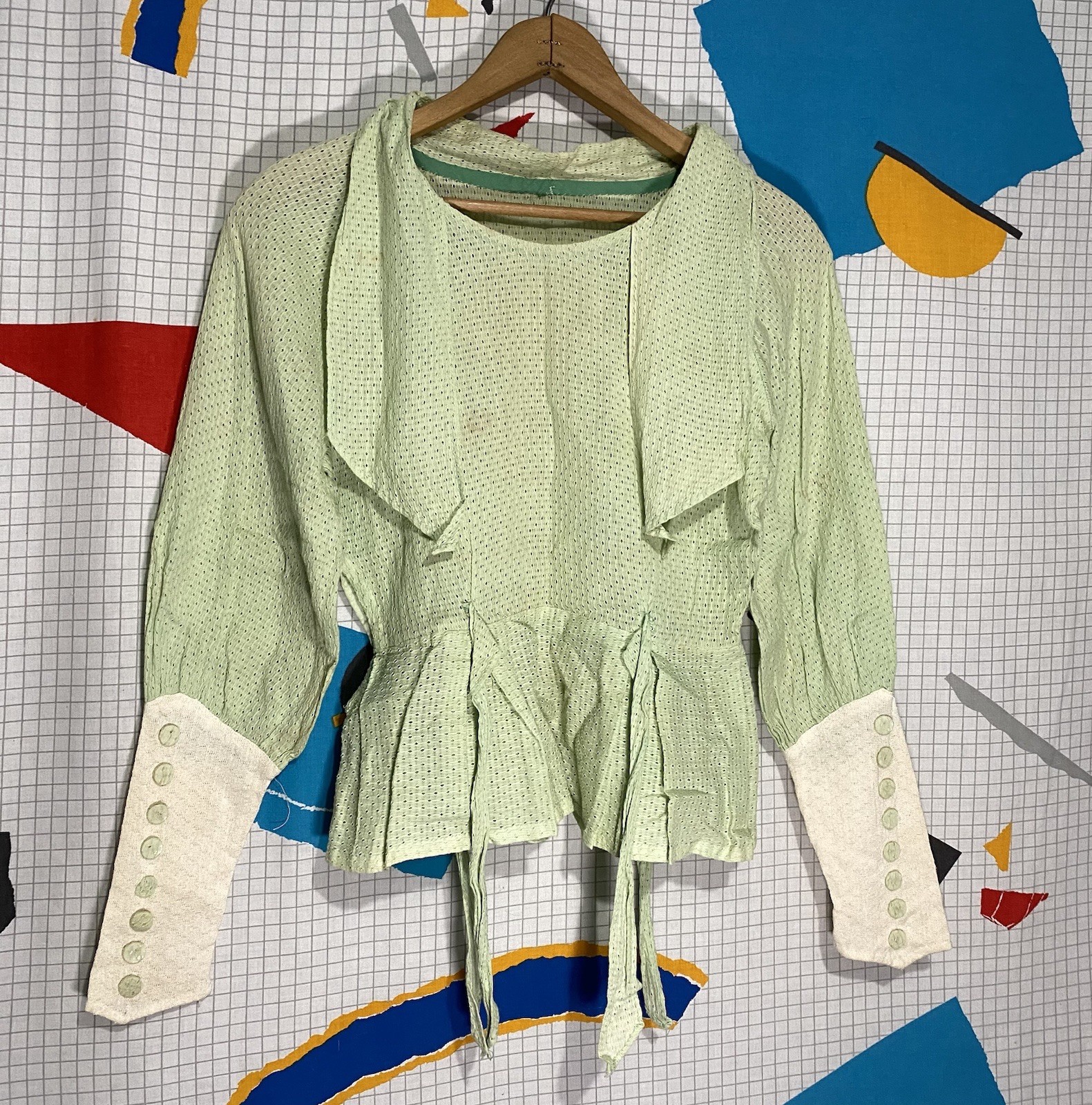 Vintage 1910s Blouse Eyelet Lace Green Cotton Sheer Victorian Edwardian Ties 20s