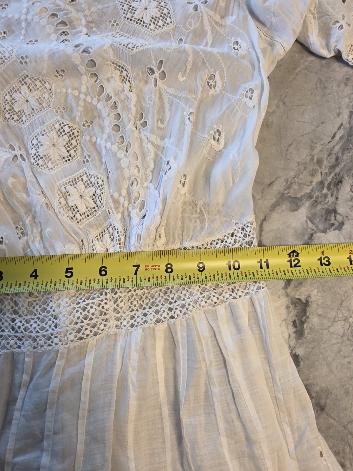 Antique Edwardian White Cotton Lawn Gown Embroidered Eyelet Lace Tea Dress XS
