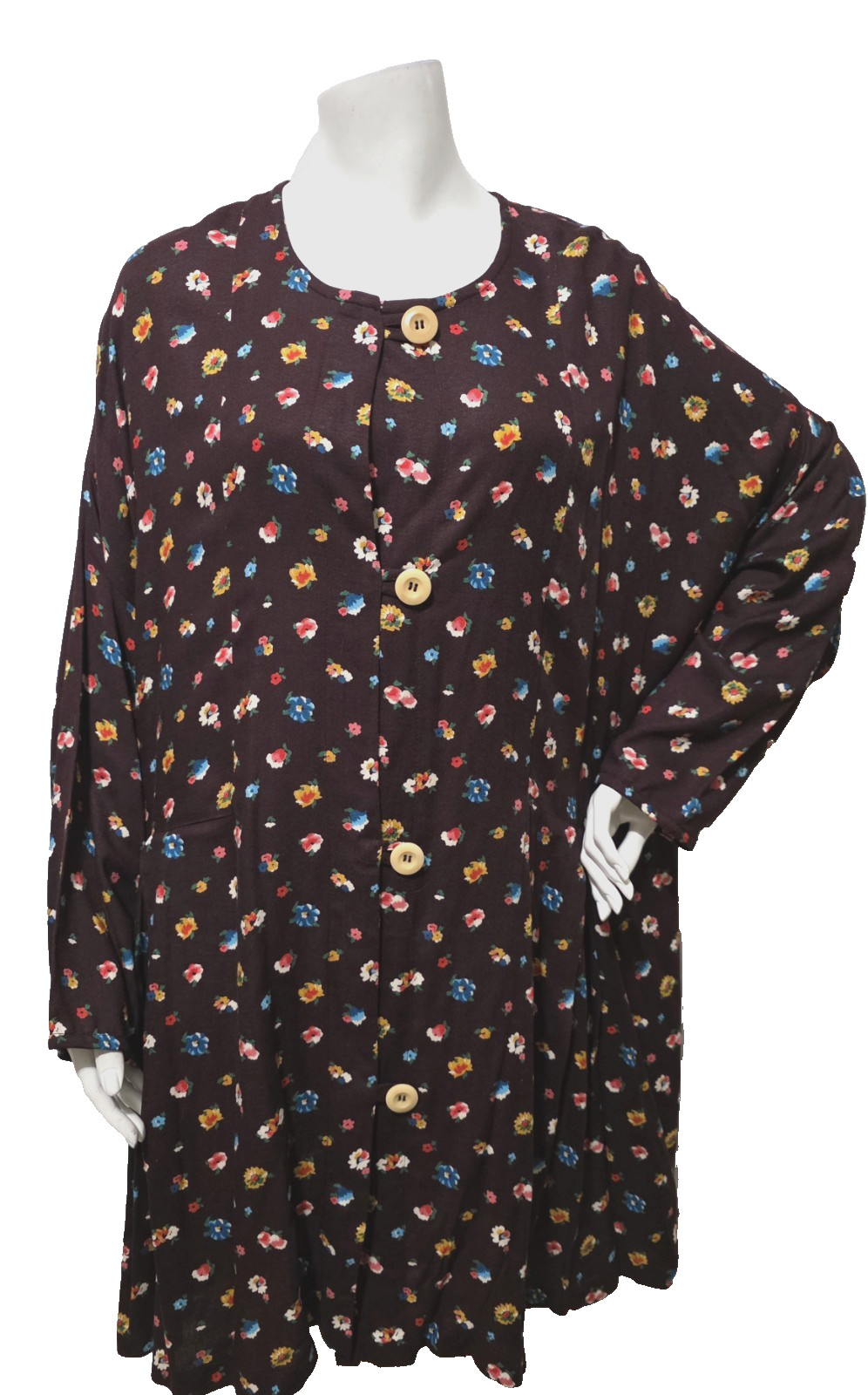 SU-ZEN OS to 2X Long Tunic Top Brown Floral Button Up Lagenlook 90s Cottage Core