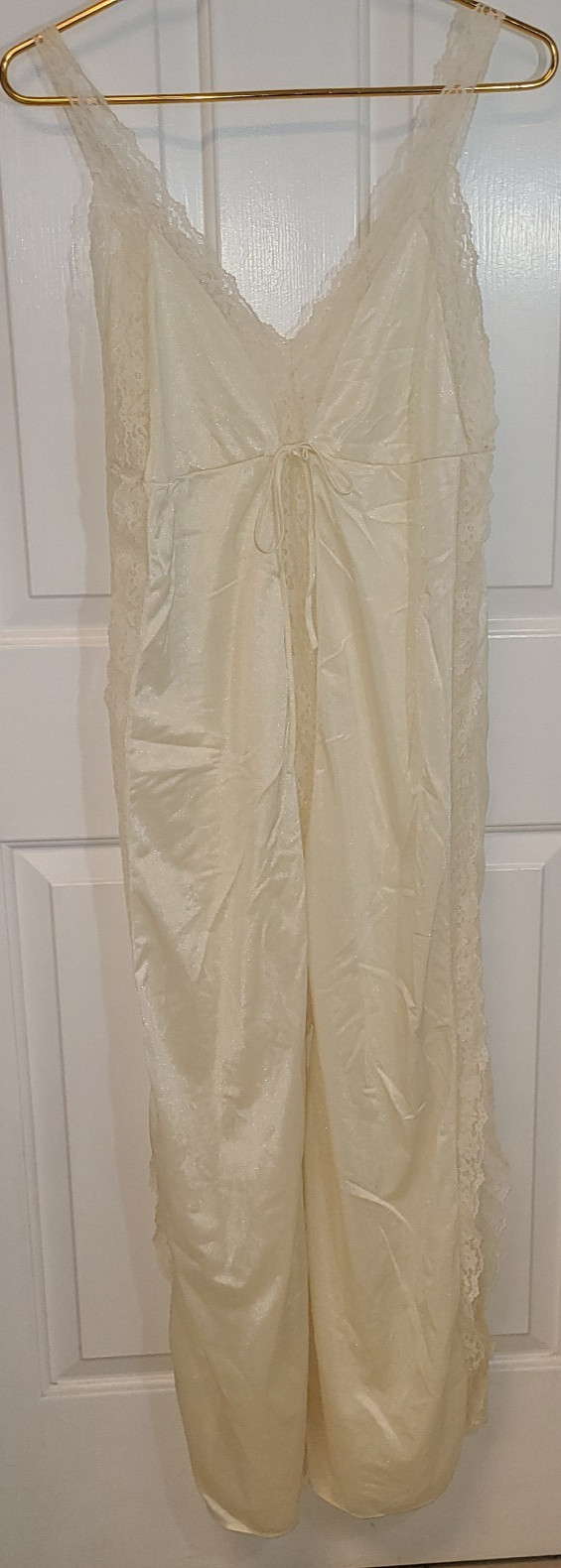 Vtg Long NIGHTGOWN Medium Nylon Lace Ethereal Slip Cream Color Bow Slit in Front