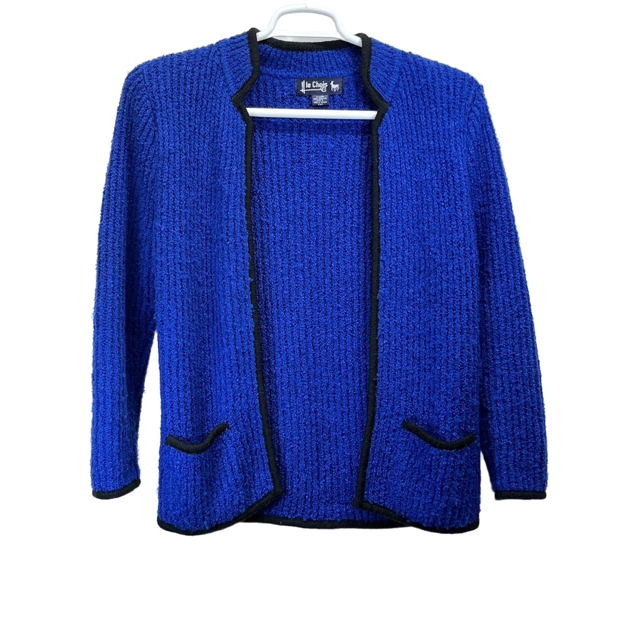 Vintage Le Chois Royal Blue Black Women’s Open Front Acrylic Knit Cardigan Small
