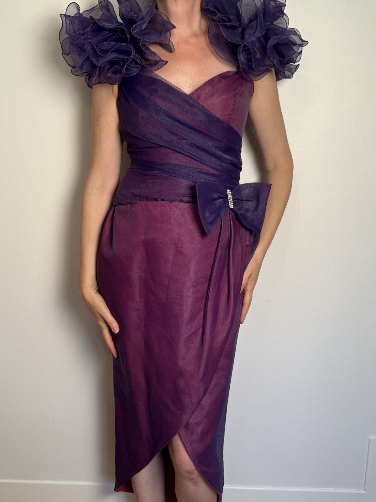 Vintage 80’s Purple Puff Shoulders Party Gown Dress High Drama Sleeves Bow S-M