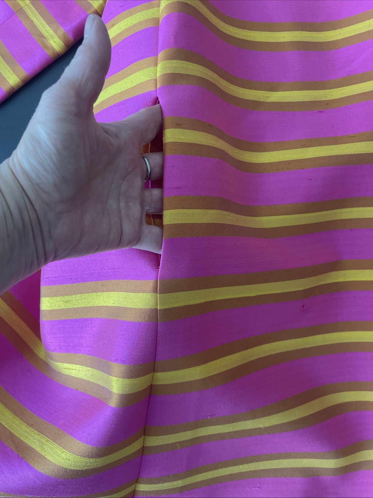 VTG 60s Pink Yellow Stripes Mod GoGo Sz S Party Coat & Dress Dupioni Silk EUC