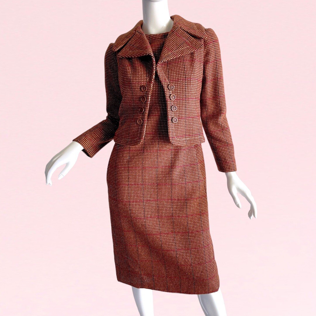 1960s Vintage James Galanos For Amelia Gray Deadstock Tweed Mod Dress Vest Suit