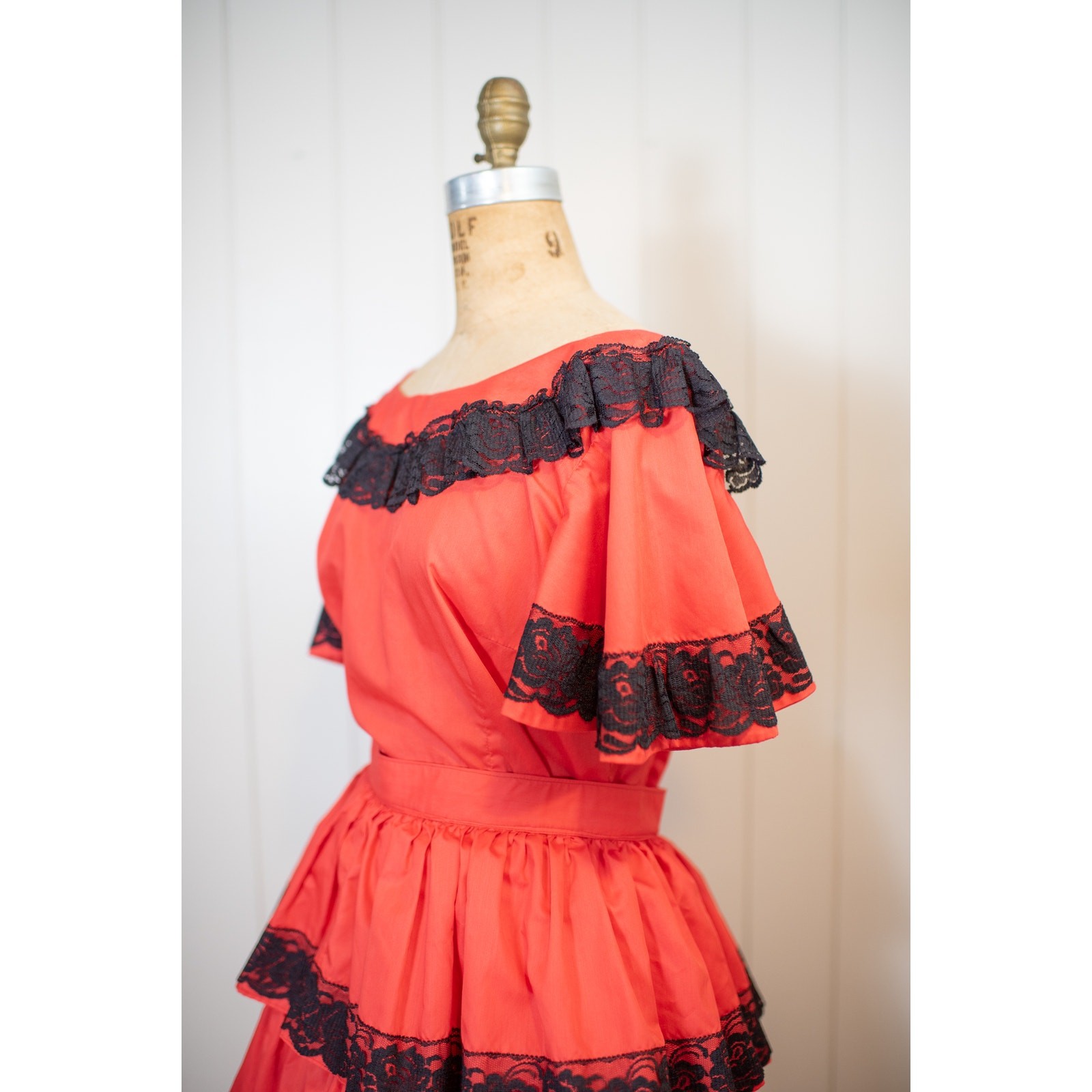 Vintage 50s 60s Square Dance Set, Red Black Lace Ruffle Skirt & Blouse, Fiesta S