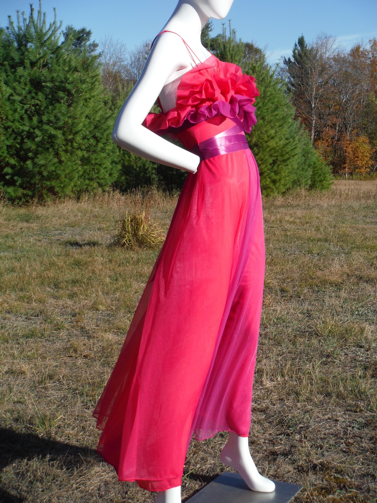 GORG! VTG Chiffon Purple & Magenta lined Maxi Gown Flowing Ruffles Amazing! Sm