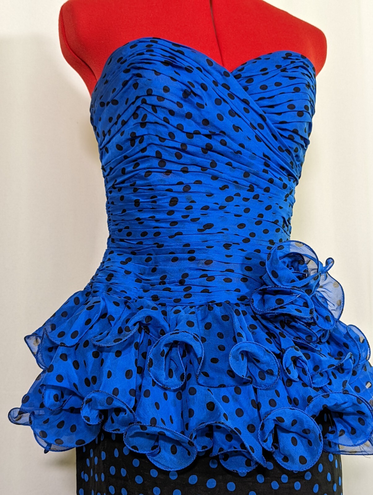 Aj Bari Vintage 80s Couture Polka Dot Blue Black Ruffle Party Dress 32″ Chest US