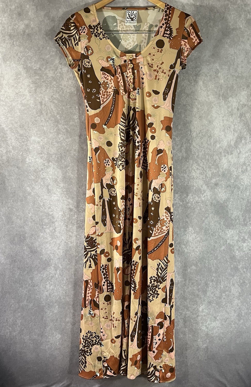 Vintage Joshua Tree Maxi Dress Womens Small Brown Beige Graphic 1970s *See Desc*