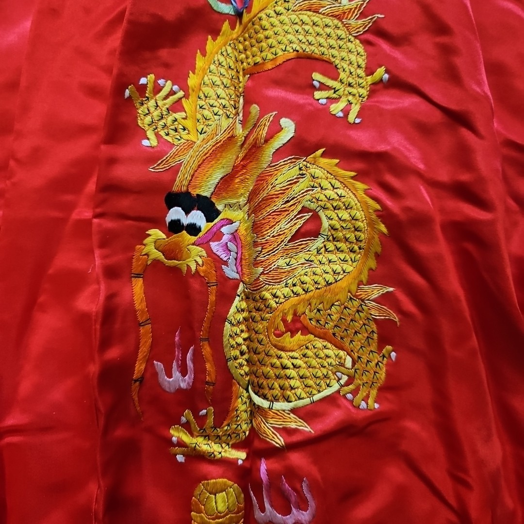 TRUE Vintage 60s Red Silk Embroidered Dragon Asian Kimono Robe MINT w TAG Sz L