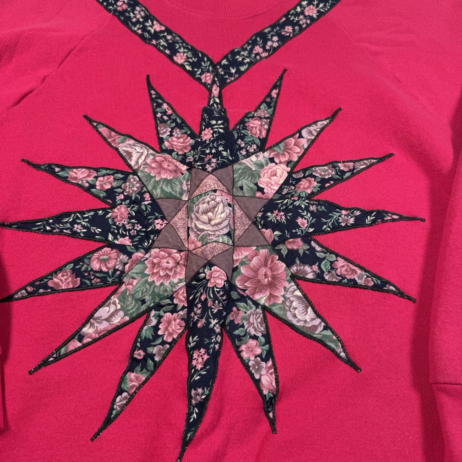 Vintage Patchwork Star Motif Quilted Floral Granny Crewneck Sweatshirt Women 2XL